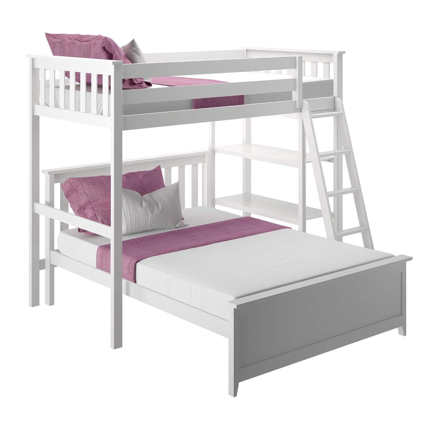 Max & Lily Solid wood L-Shaped Bunk Bed, Twin over Full with Bookcase for Kids, White