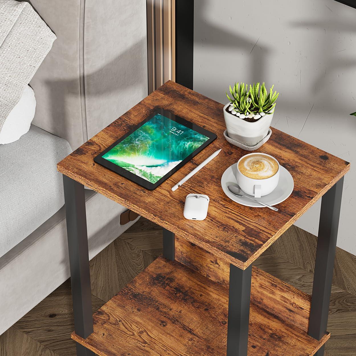 End Table, Side Table, Set of 2, Nightstands with 2-Tier Storage Shelves, Sofa Table for Small Space, Coach Table for Living Room Bedroom, Rustic Brown UTBT101F2