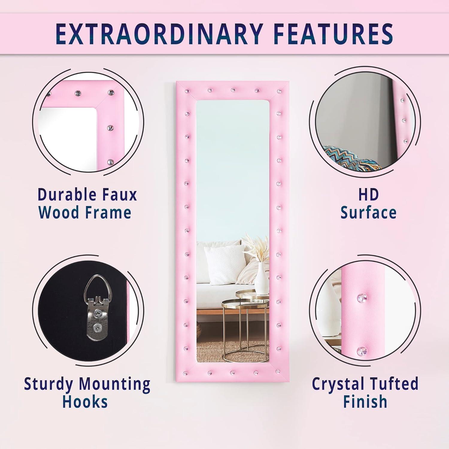 Naomi Home Crystal Tufted Floor Mirror Full Length 63 LX22 W Wall Mirror Full Length Standing Wall with Faux Wood Frame Mirrors for Bedroom - Pink