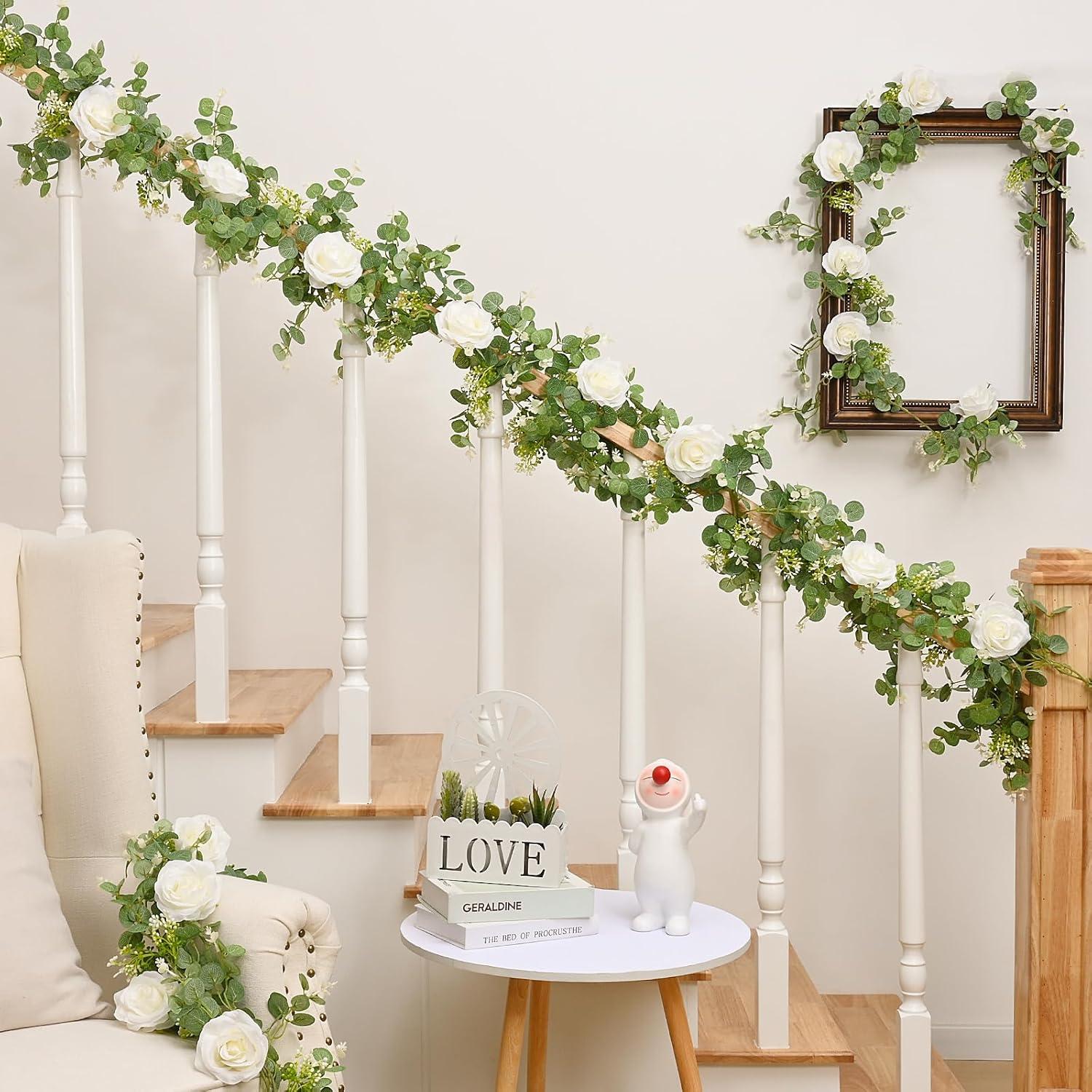 13Ft White Rose and Eucalyptus Artificial Garland Set