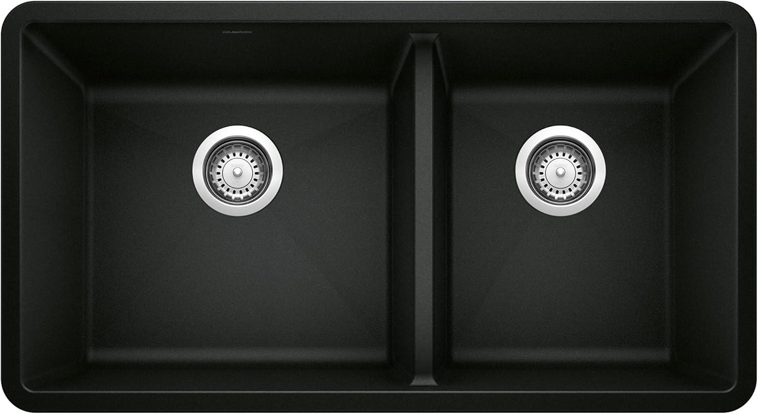 Coal Black 33" Granite Composite Double Bowl Undermount Kitchen Sink