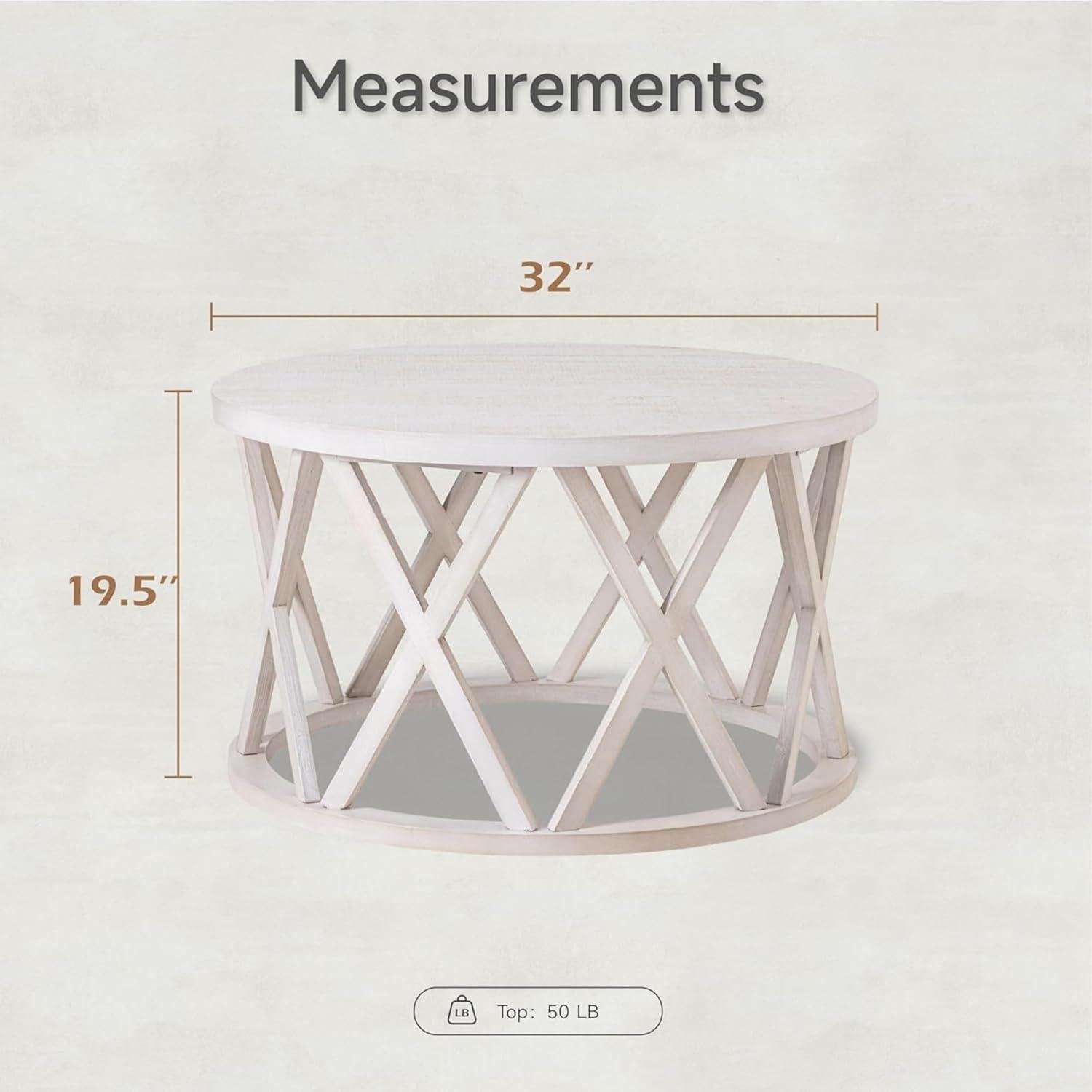 Antique White Round Wood Coffee Table with X-Motifs