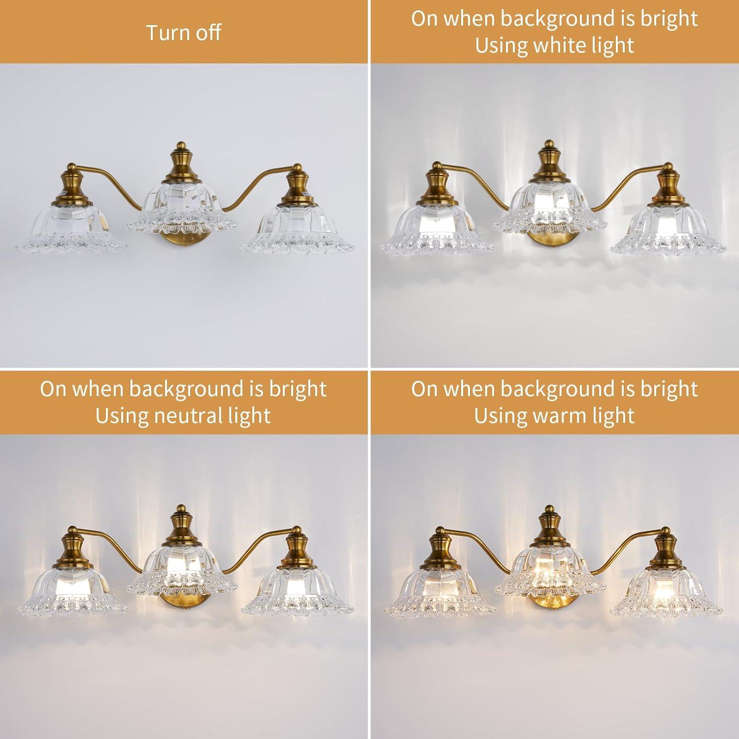 Matte Antique Brass 3-Light Vanity Fixture with Crystal Glass Shades