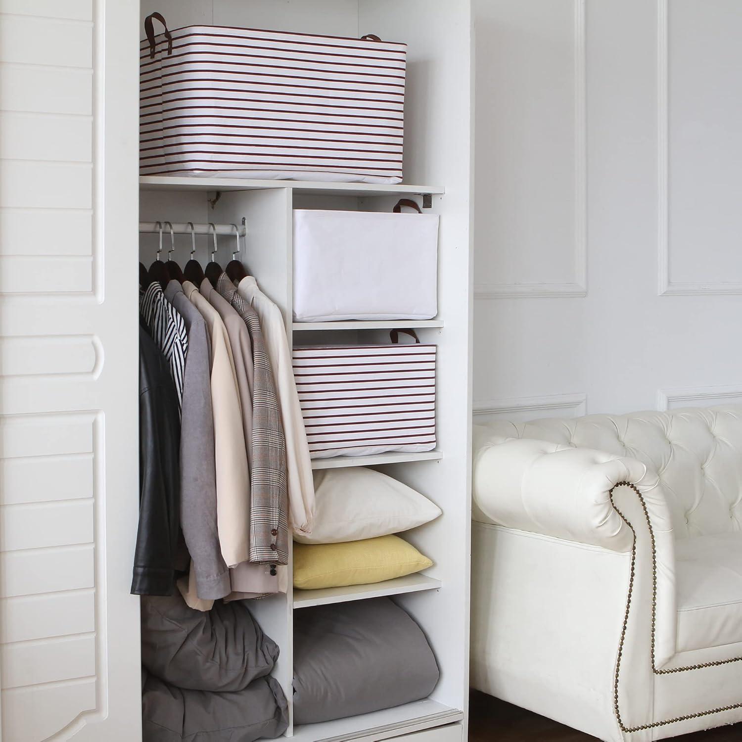 Hinwo 2-Pack Extra Large Canvas Fabric Storage Baskets with Handles, 70L Oversized Storage Bins, Collapsible Storage Box, Clothes, Toys, Blankets Organizers, 22 x 15 x 13 inches, (Purple Stripe)