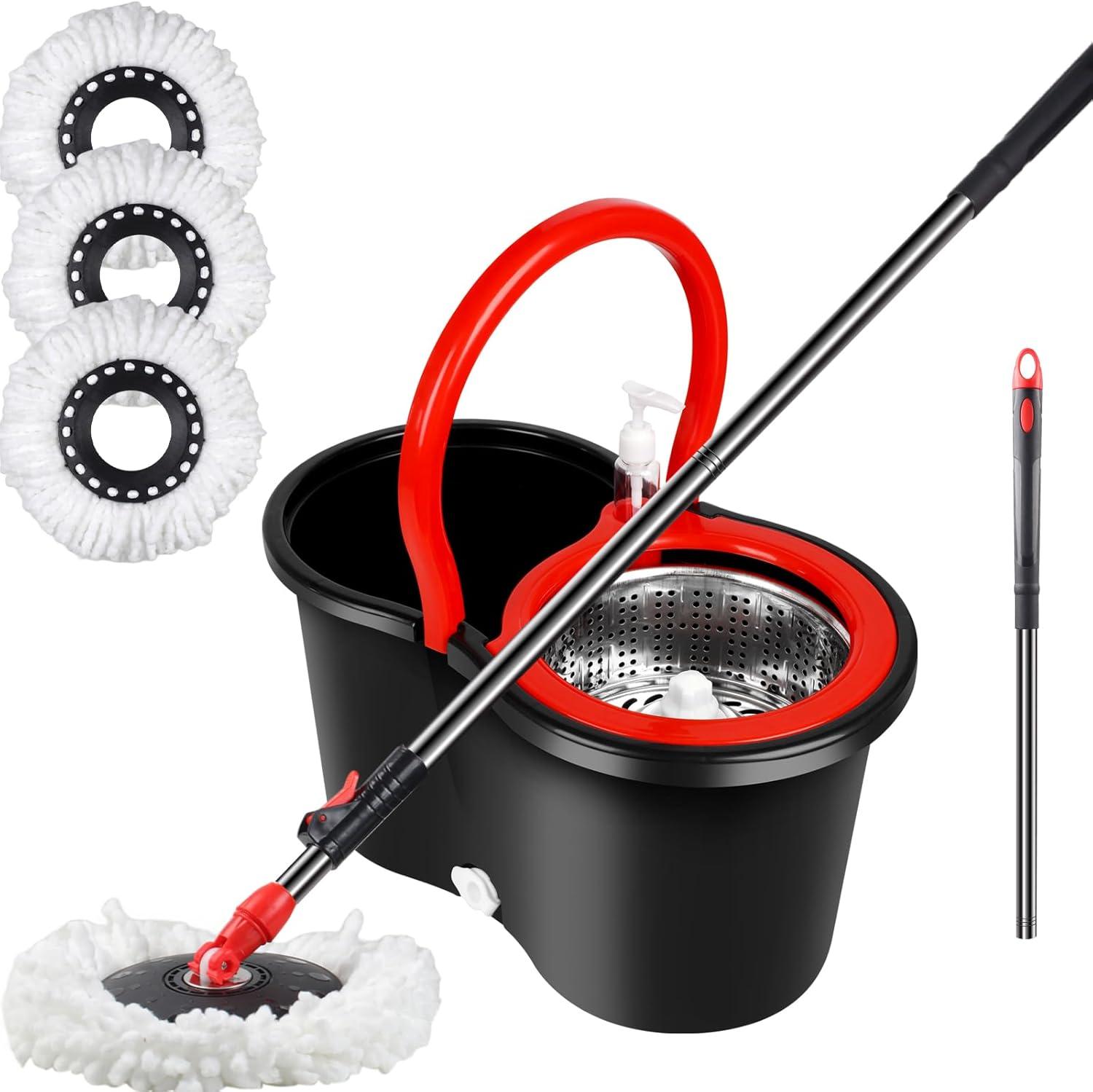 Spin Mop and Bucket Set, 360° Spin Mop and Bucket with Wringer Set and 3 Microfiber Mop Replacement Heads Refills, 61" Stainless Steel Extended Handle Spinning Mop Bucket System for Floor Cleaning