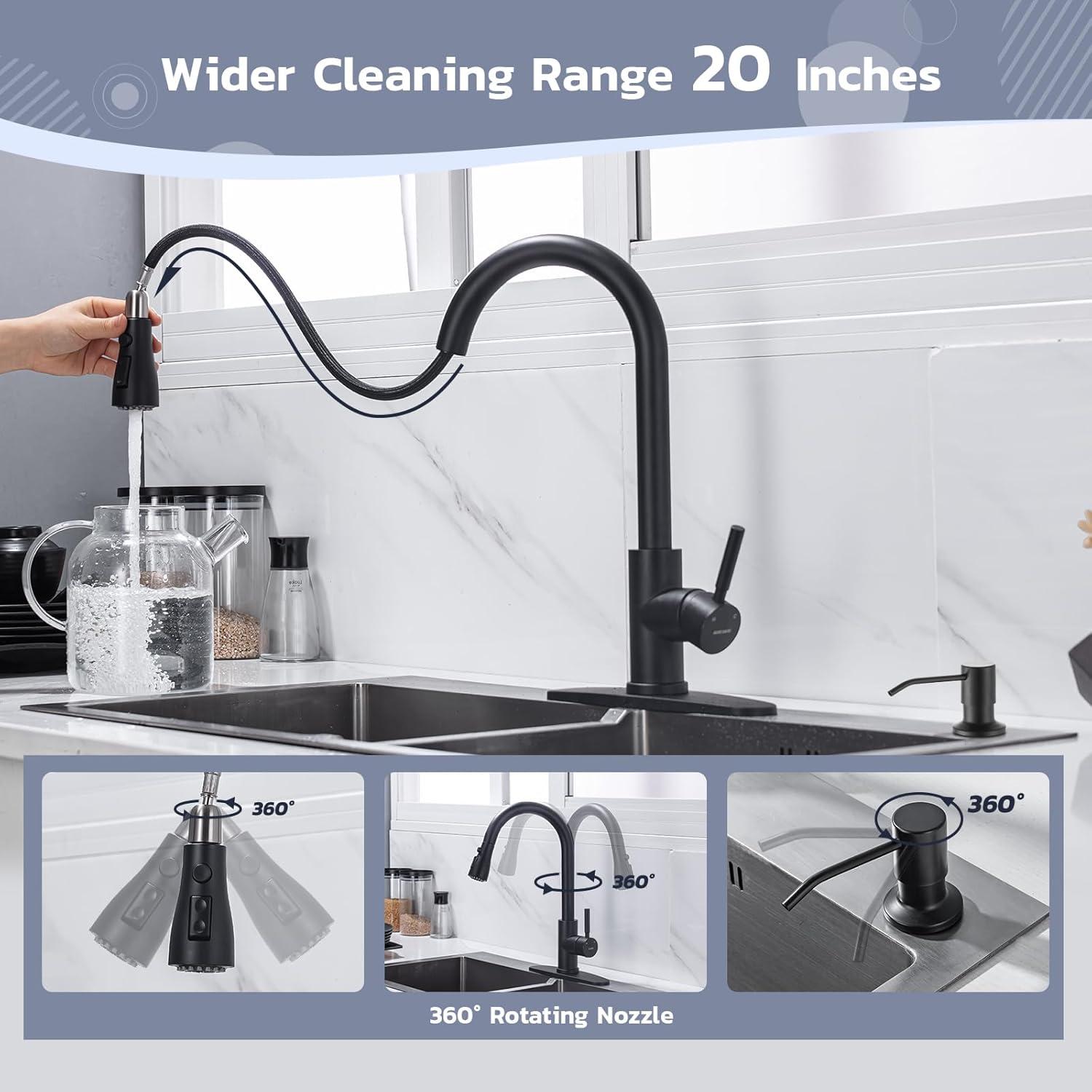 Black Kitchen Faucets With Soap Dispenser, Kitchen Faucet With Pull Down Sprayer