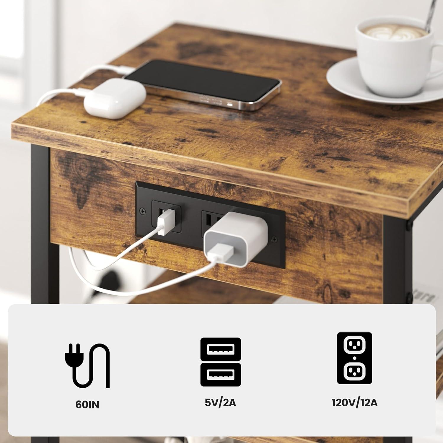 End Tables Set of 2 with Charging Station USB Ports, 3 Tier Tall Night Stand with Storage Shelves, Record Player Stand Narrow Side Table for Small Space Living Room Bedroom Office, Rustic Brown