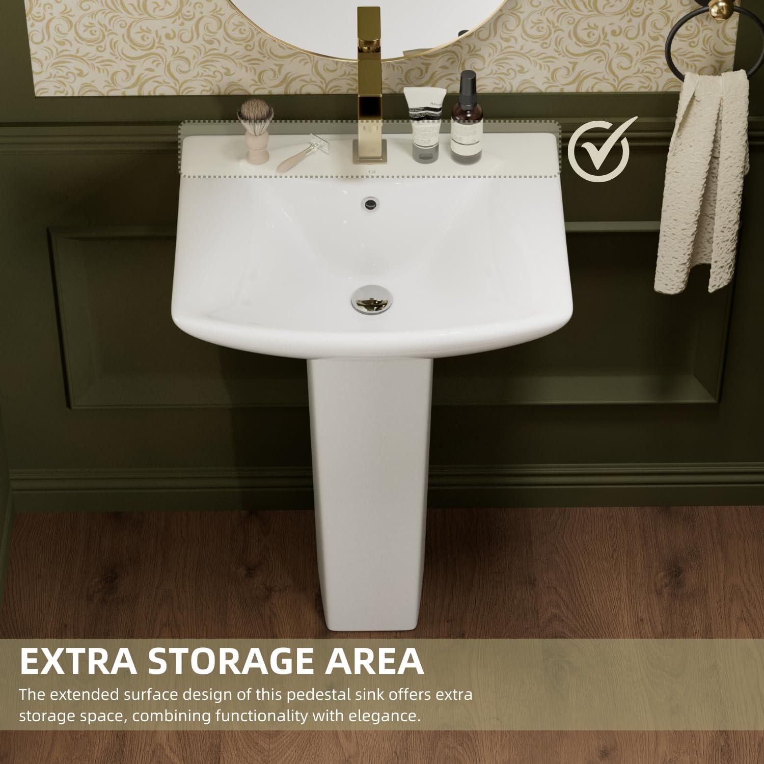 Classic Vintage Bathroom Pedestal Sink, Los Flexi 23"W x 19"D White Ceramic Freestanding Sinks for bathrooms, Overflow, 3 Pre-Drilled Holes for 4-Inch Faucets, Easy Install