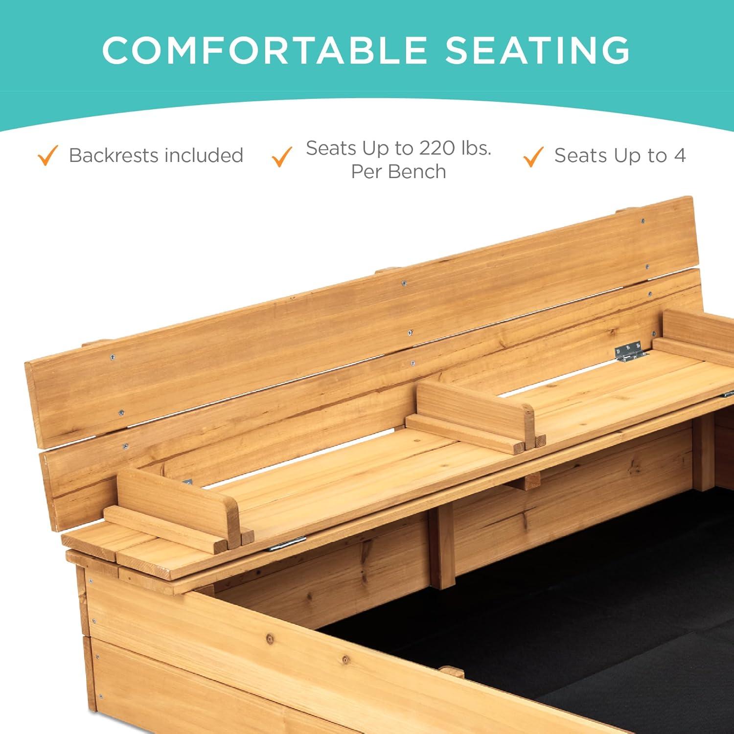 Best Choice Products 47x47-Inch Kids Wooden Outdoor Sandbox w/ 2 Foldable Bench Seats, Sand Protection, Liner