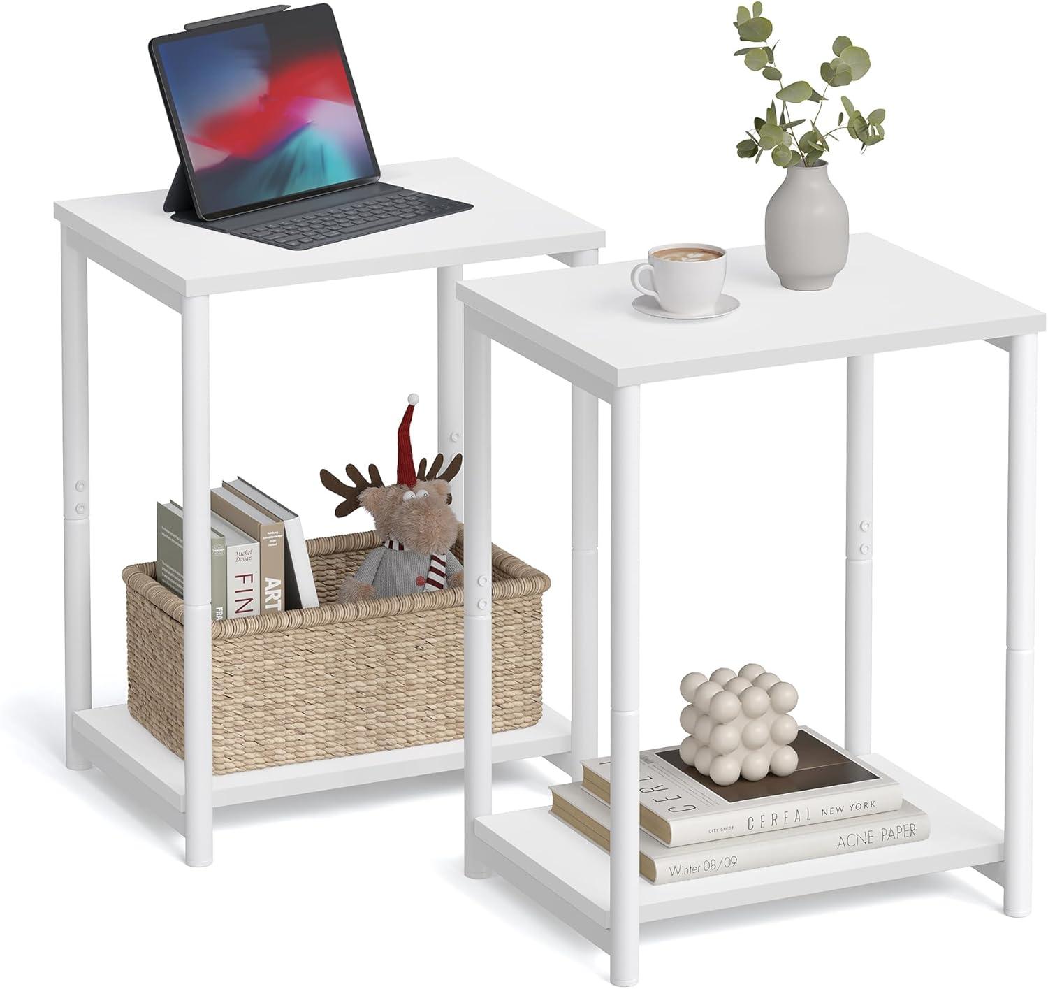 White Metal Rectangular End Tables with Storage Shelves