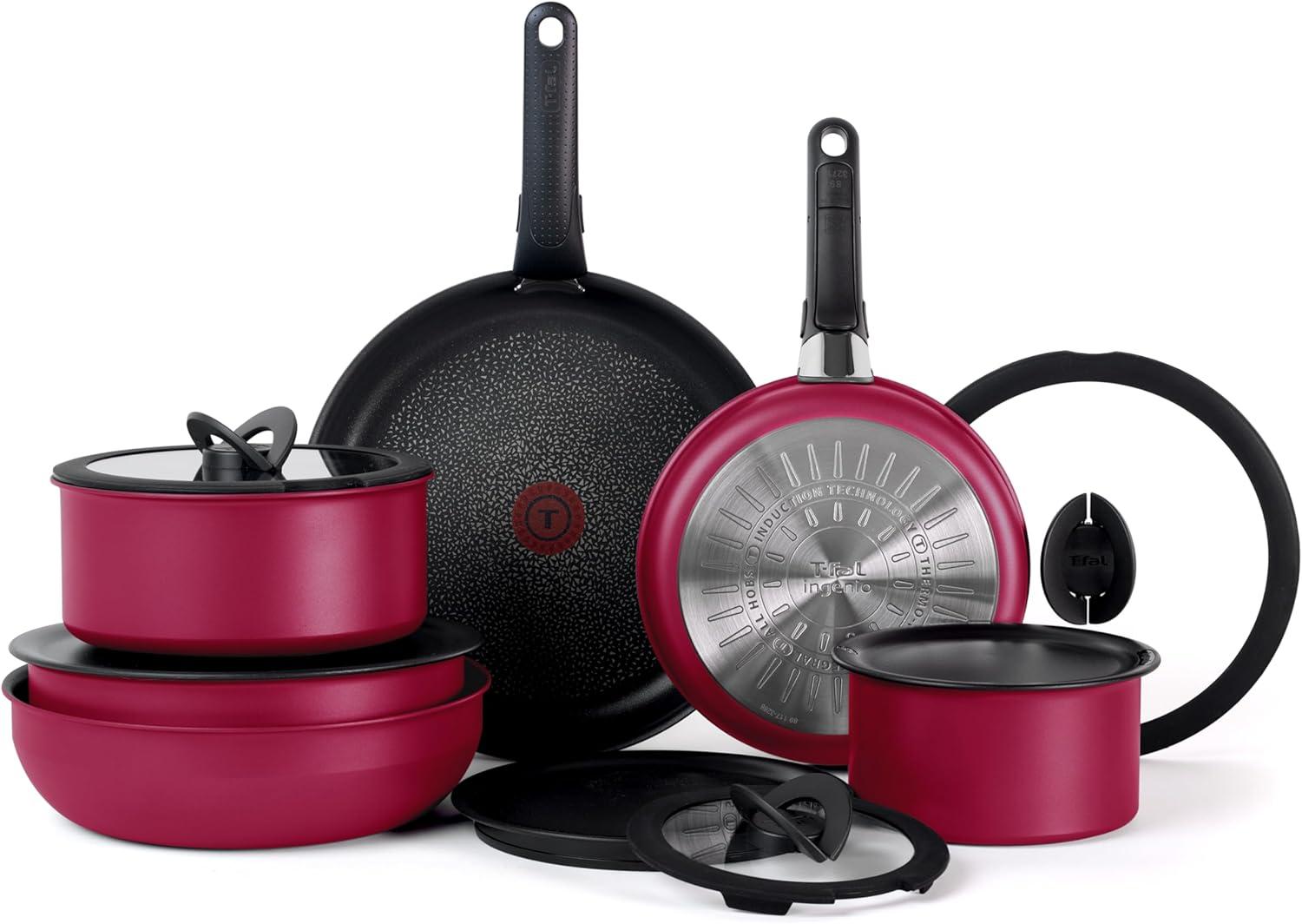 T-fal Ingenio Expertise 14 Piece Nonstick Cookware Set, Induction Oven Safe 500F, Pots and Pans, RV, Detachable Handle, Rose Pink