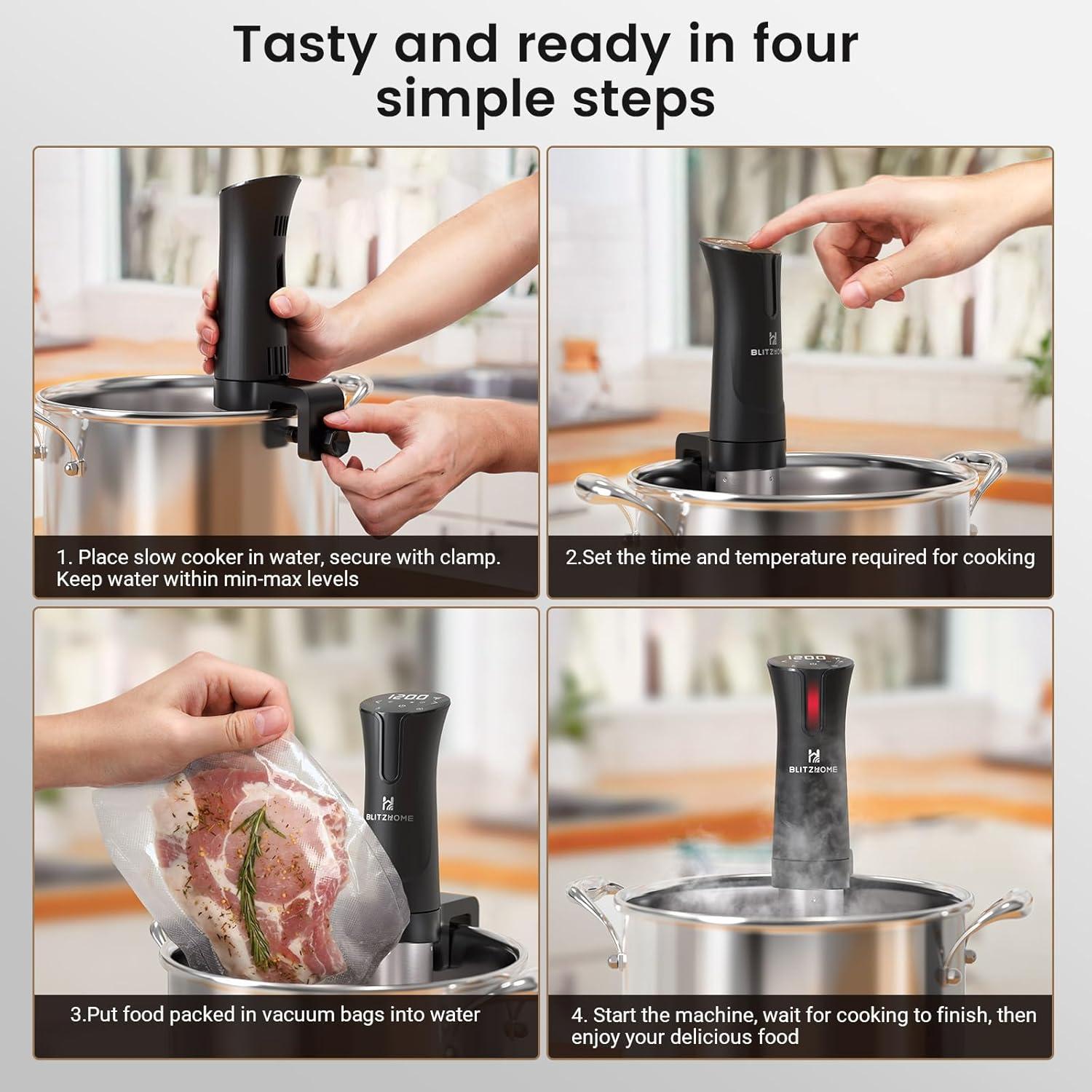 BlitzHome 1100W Sous Vide Cooker with Temperature Setting, Timer, Breath Light Reminder Function