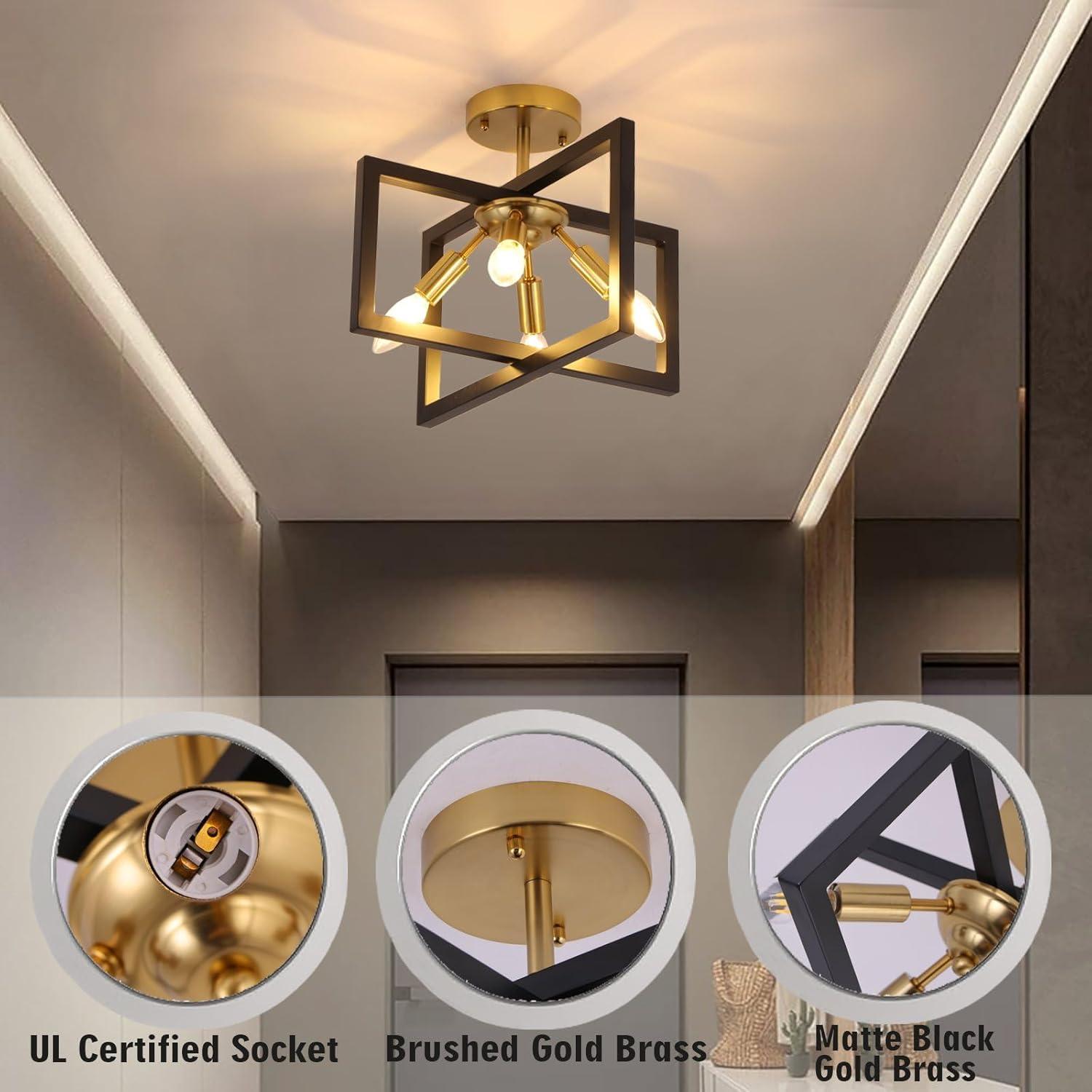 Modern Industrial Semi Flush Mount Ceiling Lighting, Farmhouse Black Gold Close to Ceiling Light Fixture, 4-Light Metal Square Ceiling Light