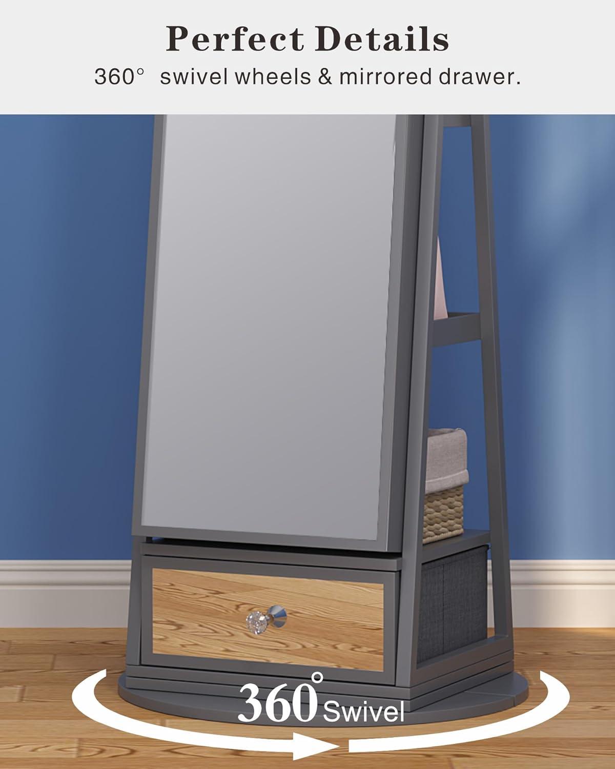 HWB 360° Rotating Jewelry Armoire with 53'' Full Length Mirror, Standing Lockable Jewelry Cabinet Organizer with Lights, Built in Makeup Mirror, Large Storage Capacity with Drawer&Shelves Grey