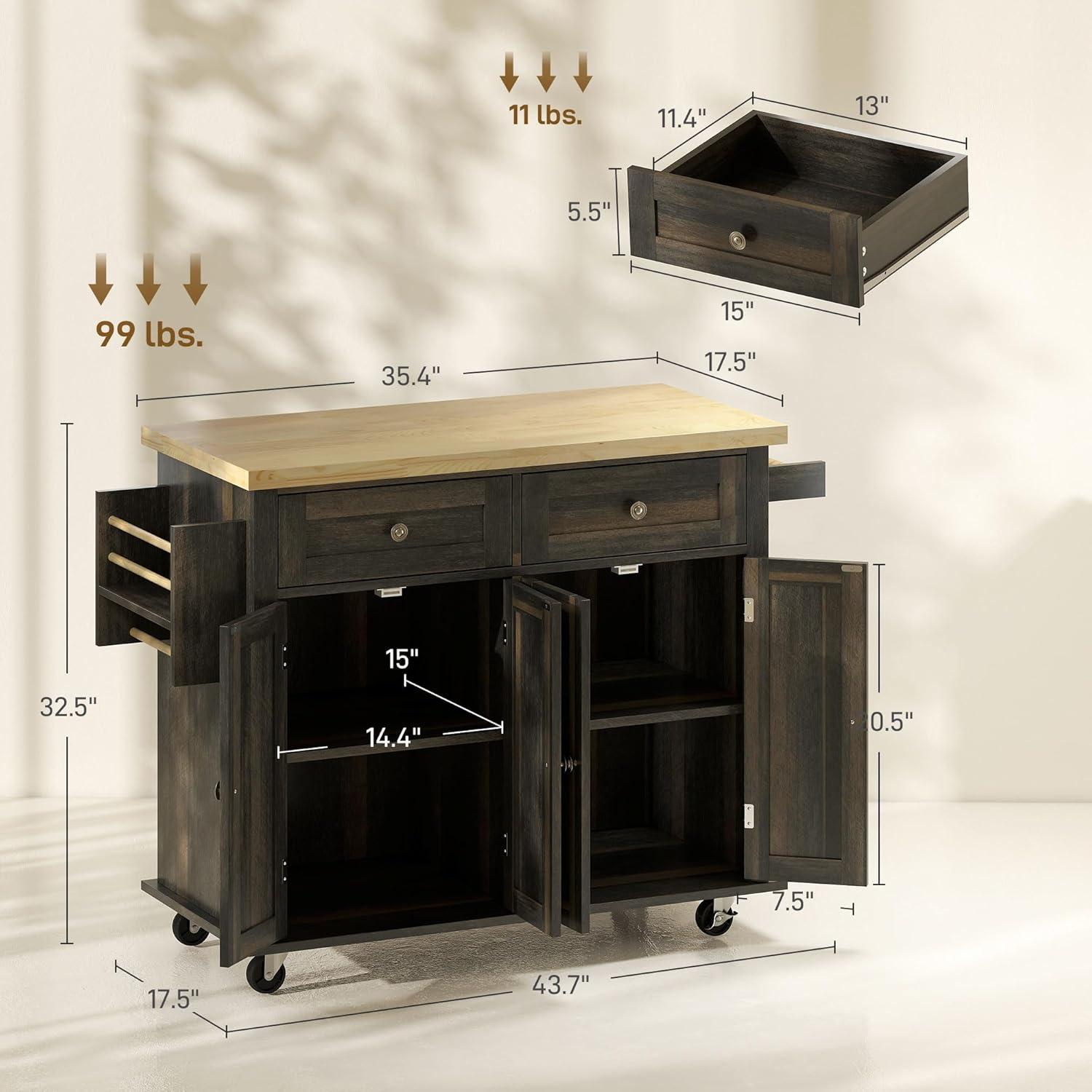 HOMCOM Kitchen Island on Wheels, Rolling Cart with Rubber Wood Top, Spice Rack, Towel Rack & Drawers for Dining Room, Black