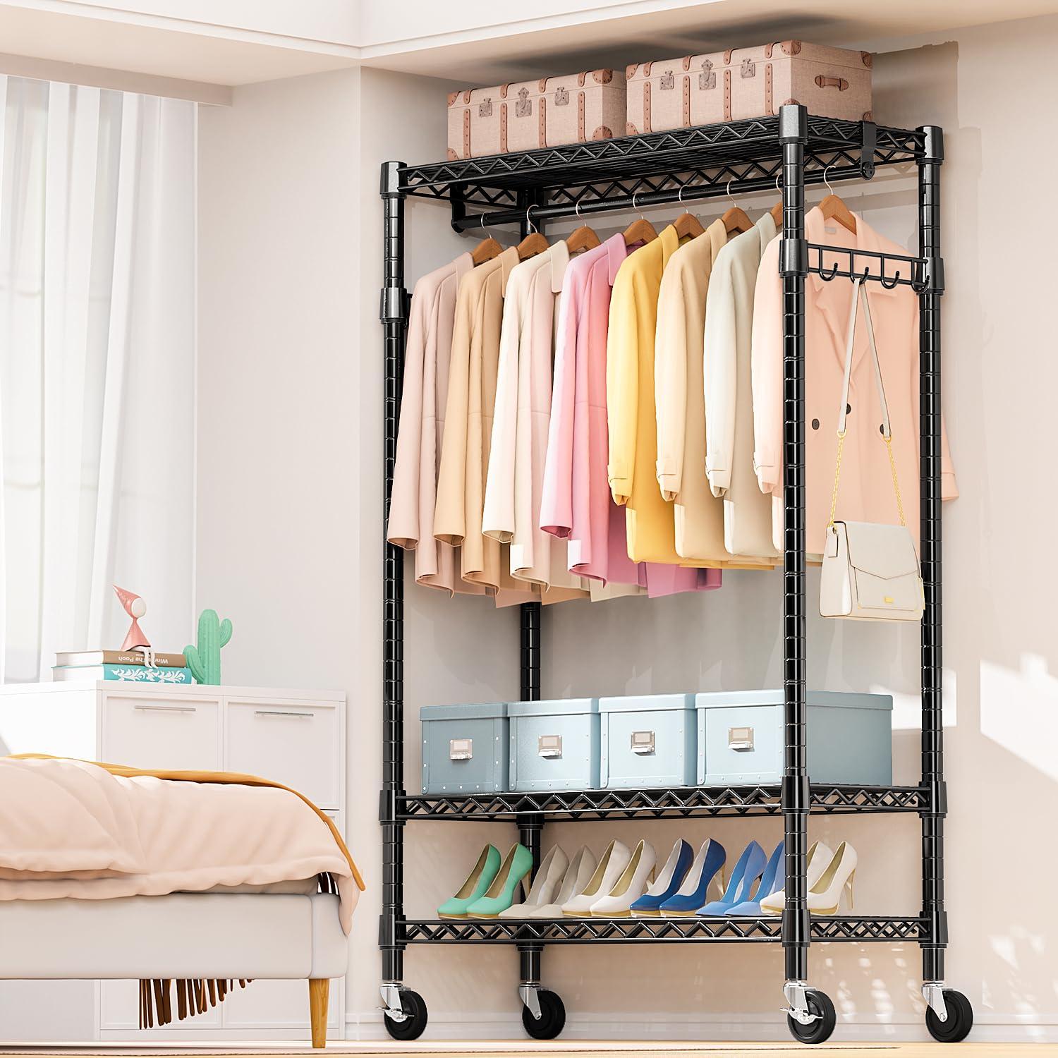 Heavy Duty Clothes Rack Rolling Garment Rack,3 Tier Adjustable Wire Shelving Clothing Racks for Hanging Clothes with Hanger Rod&Side Hooks,Freestanding Wardrobe Storage Rack Metal Portable Closet