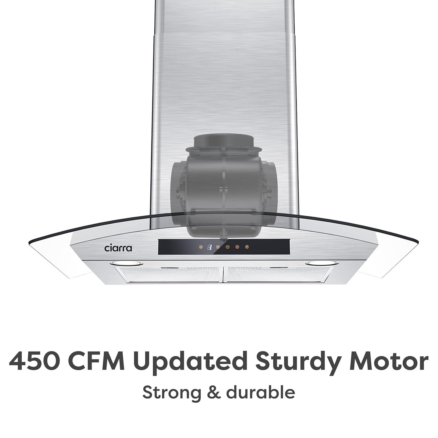 CIARRA Wall Mount Range Hood 30 inch with Tempered Glass 450 CFM Kitchen Vent Hood Ductless Ducted Convertible CAS50275