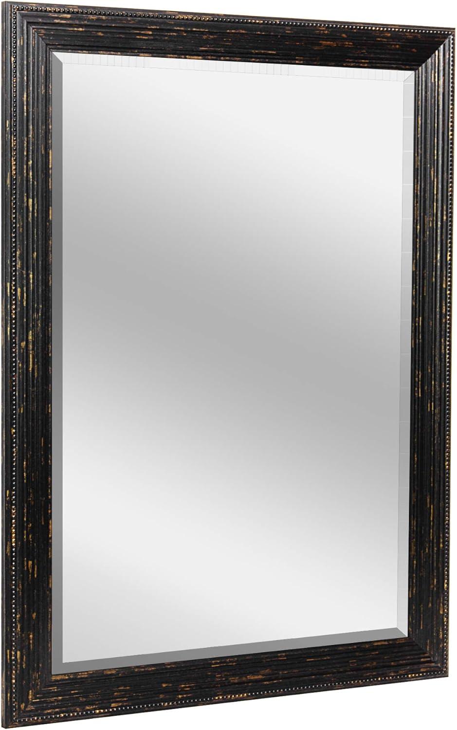 Head West 27.5 x 33.5 Beaded Frame Mirror with Beveled Edge - Black Wash