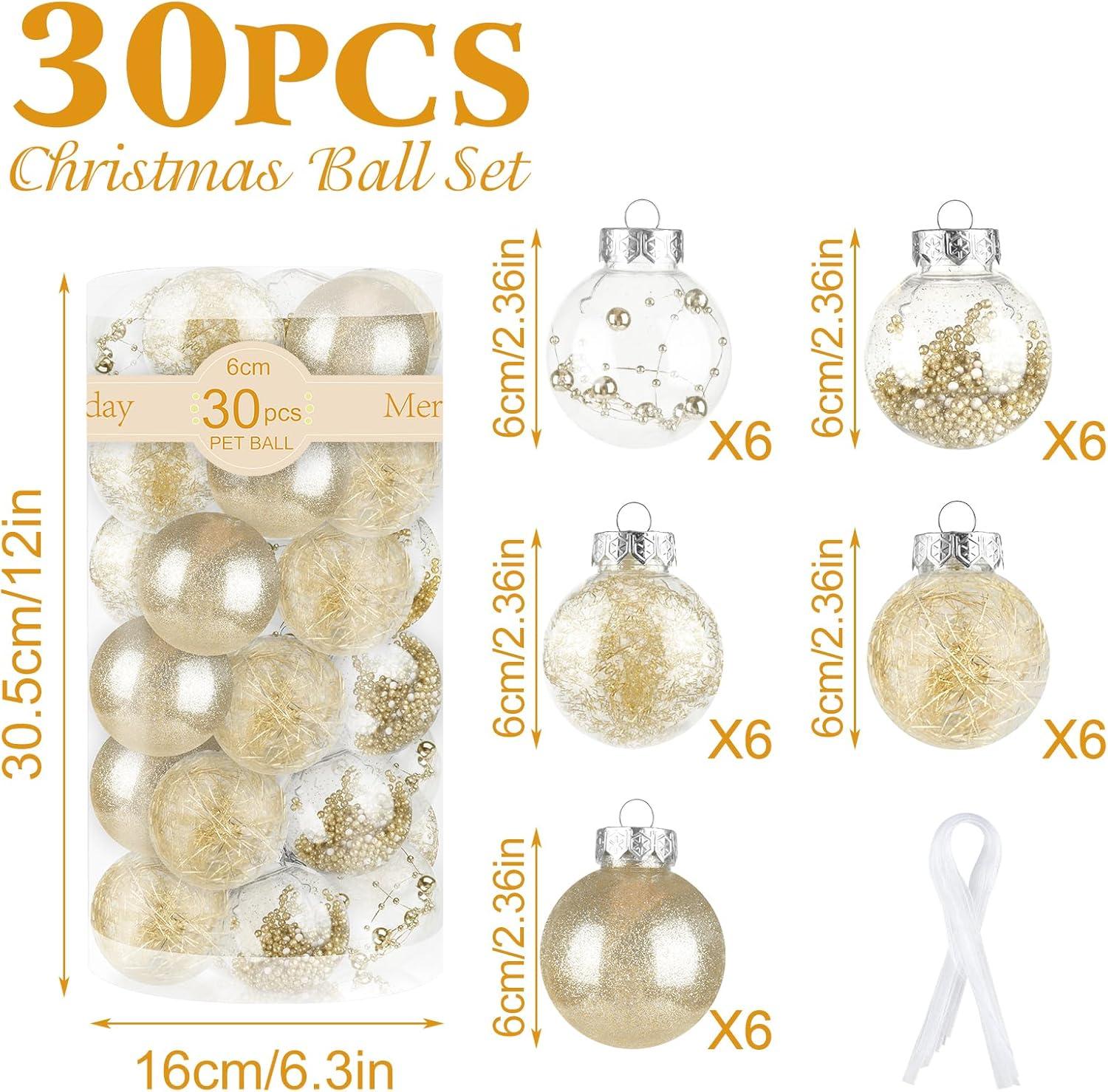 60MM/2.36" Christmas Ball Ornaments, 30PCS Shatterproof Decorative Hanging Ball Ornament with Stuffed Delicate Decorations, Xmas Tree Balls for Halloween Holiday Party(Champagne Gold)