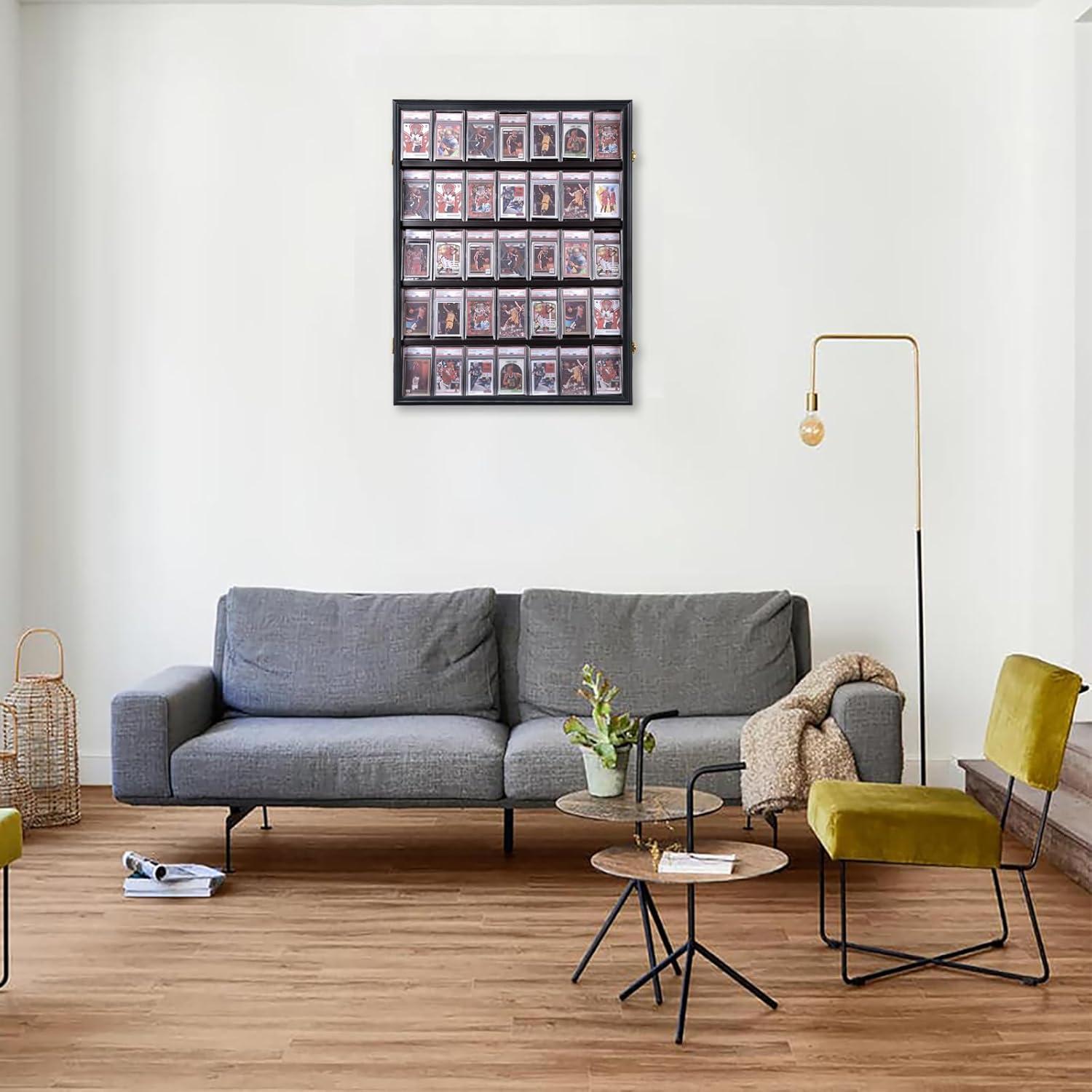 Estuche para Exhibición de Tarjetas Deportivas de 35 Grados: Marco de Exhibición de Tarjetas de Béisbol con Protección UV Gabinete de Pared con Cerradura Transparente para Tarjetas Coleccionables de Baloncesto Negro Vertical