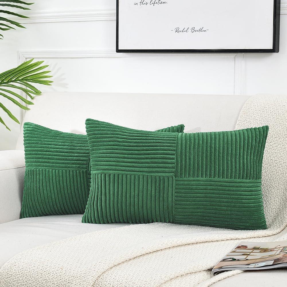 Boho Sage Green Striped Corduroy Pillow Covers - Set of 2 | Farmhouse Rectangle Cushion Cases for Sofa Couch Bed | Soft Decorative Throw Pillowcases - 12x20 Inch Home Decor