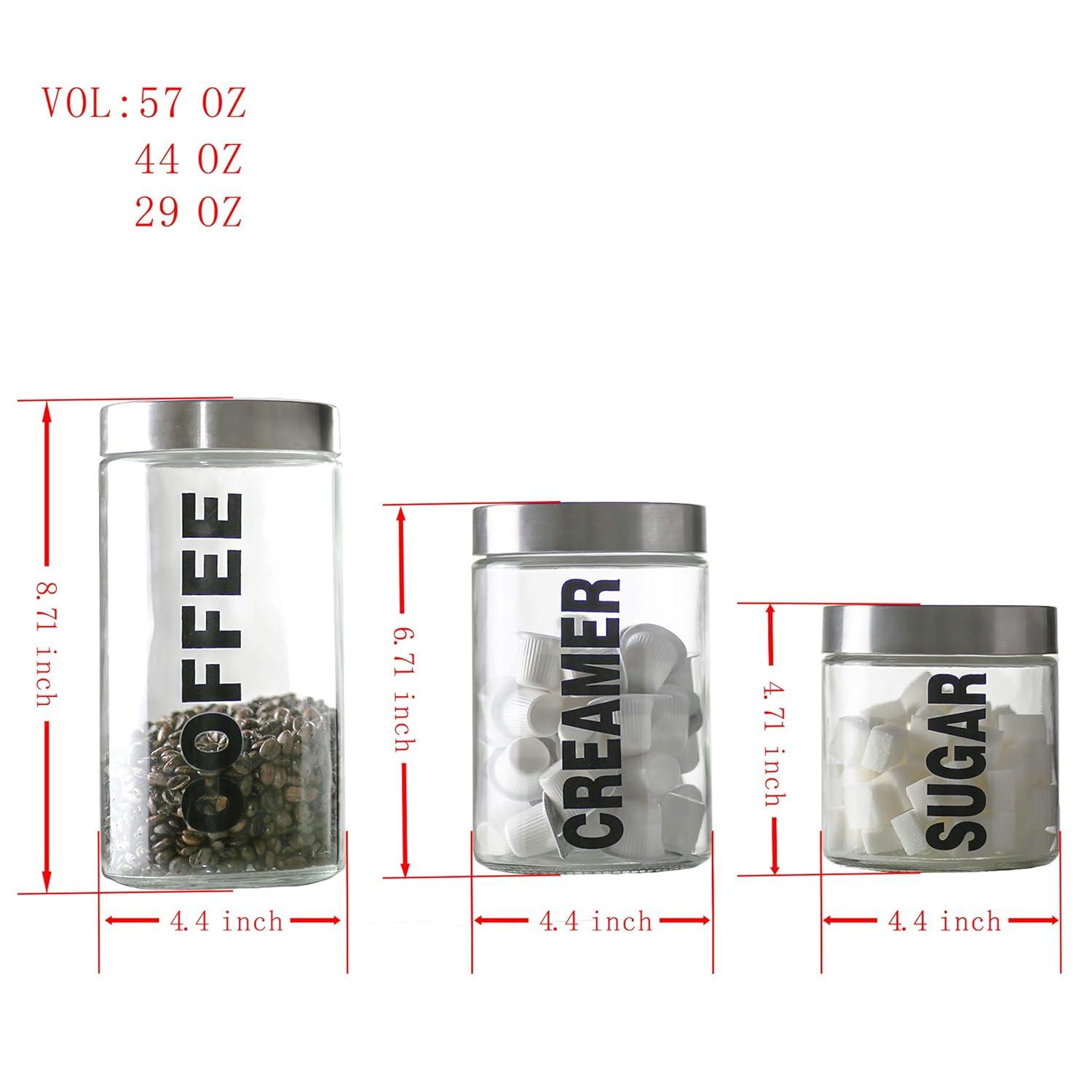 KMwares Glass Food Jars, Clear Storage Containers with Stainless Steel Lid, Airtight Glass Canisters Set for Coffee, Sugar and Creamer Container Set of 3 w Stainless Steel Lids((Sizes/57/44/29 oz)
