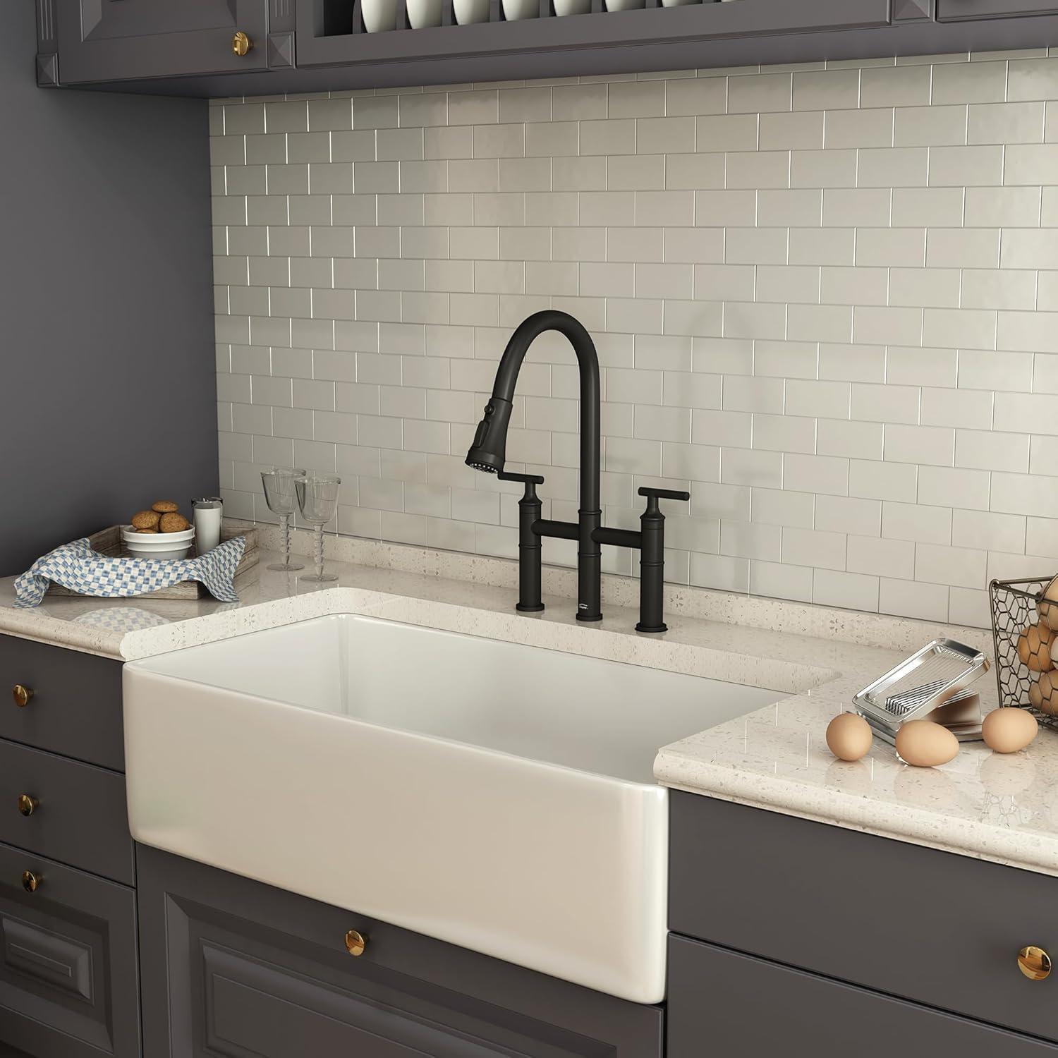 Double Handle Bridge Pull-Down Kitchen Faucet with 3-Spray Patterns and 360 Degrees Rotation Spout in Brushed Nickel