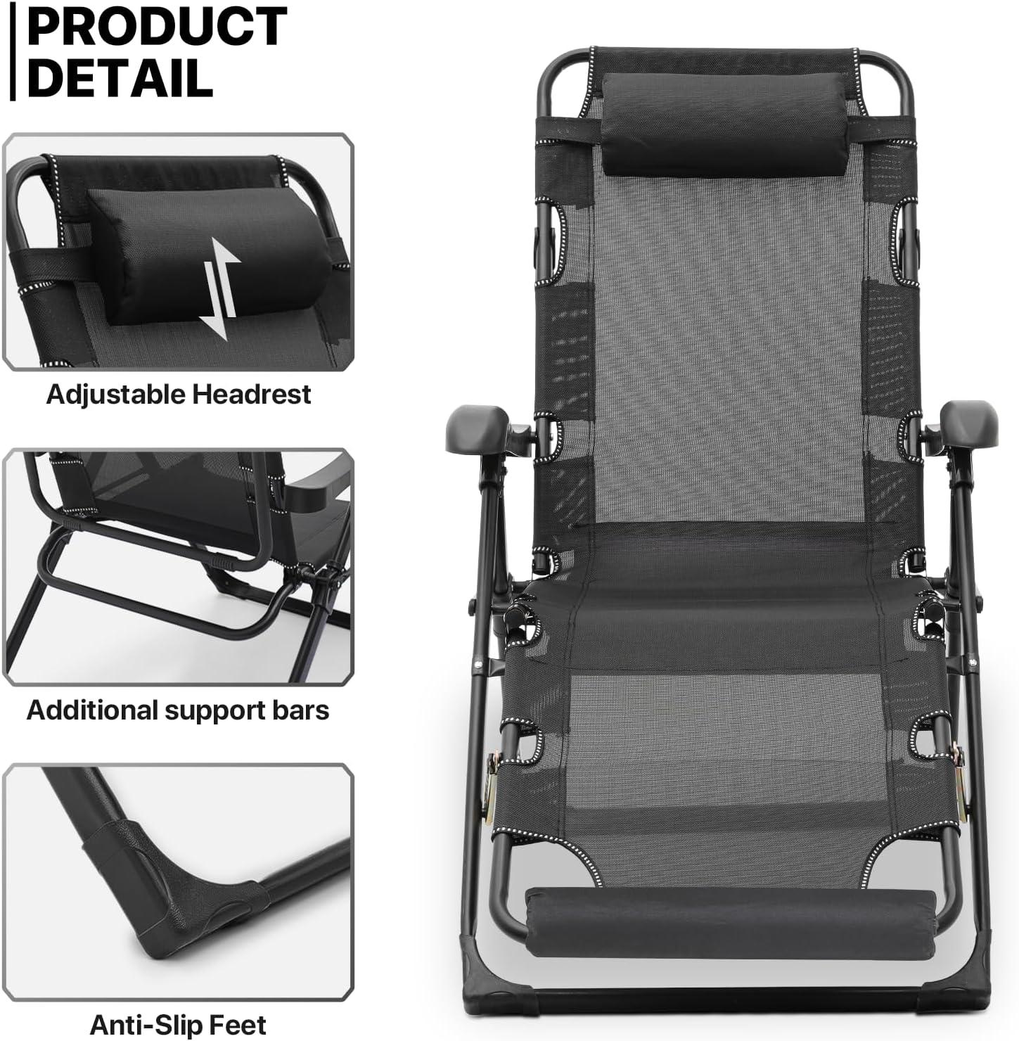 MoNiBloom Patio Lounge Chair with Adjustable Headrest & Foot Pads, Outdoor Folding Reclining Beach Lawn Lounger, Black