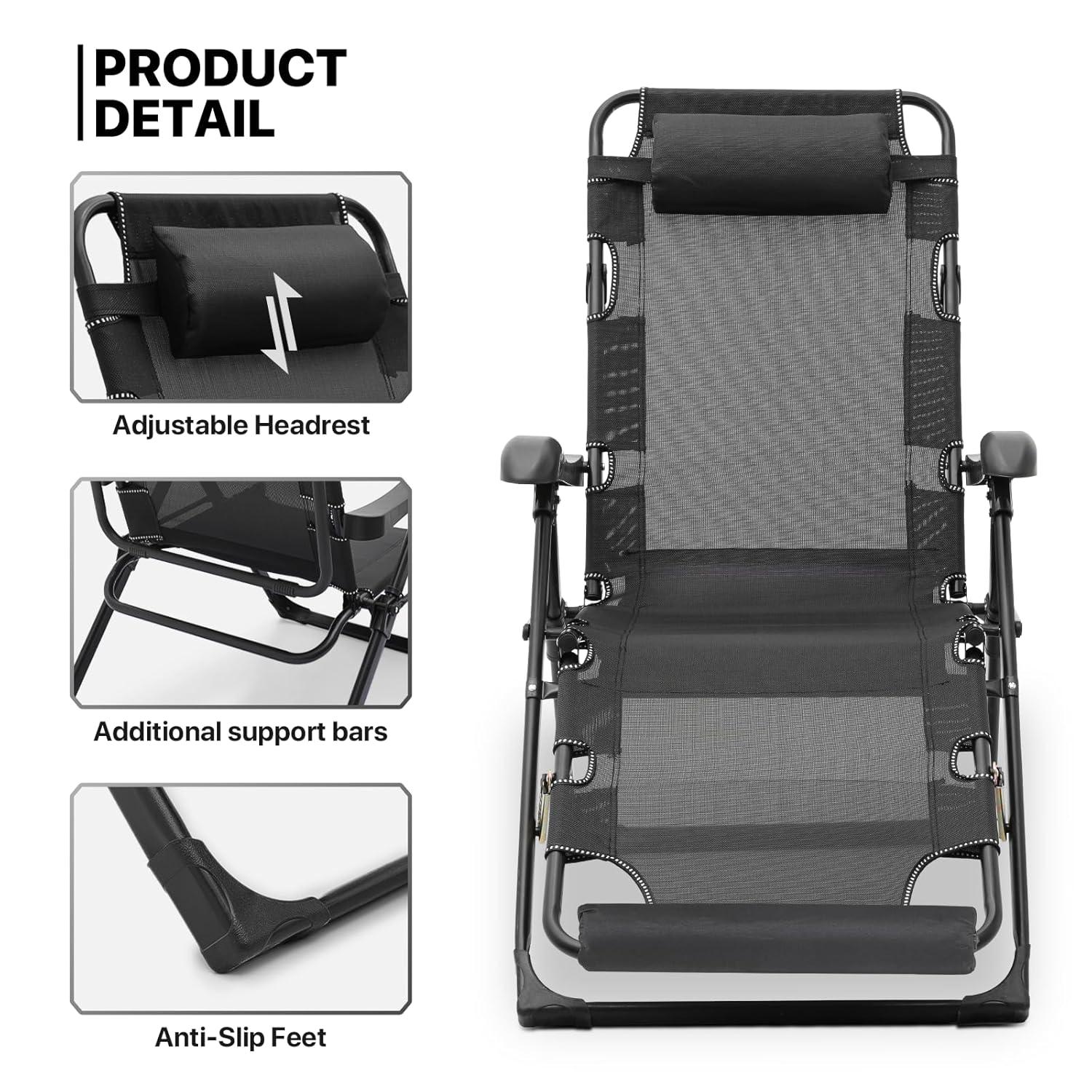 MoNiBloom Patio Lounge Chair with Adjustable Headrest & Foot Pads, Outdoor Folding Reclining Beach Lawn Lounger, Black