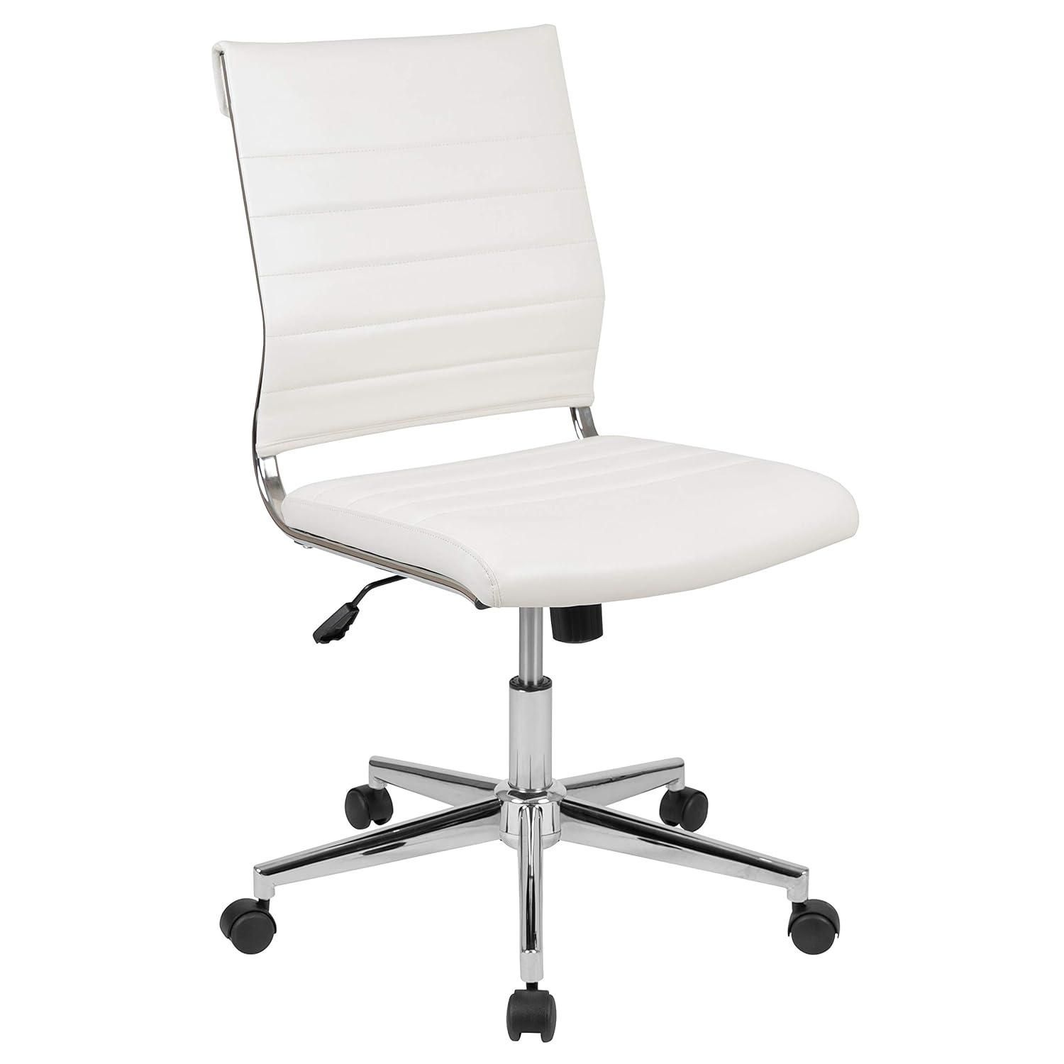 Merrick Lane White Ergonomic Swivel Office Chair Ribbed Faux Leather Back and Seat Mid-Back Armless Computer Desk Chair with Chrome Base