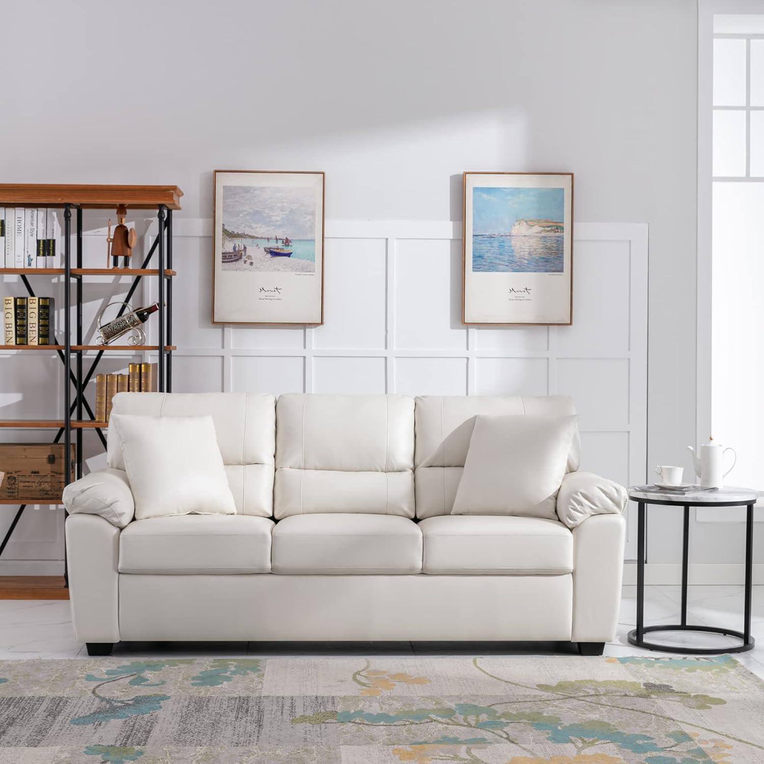 White Faux Leather Three-Seater Sofa with Removable Cushions