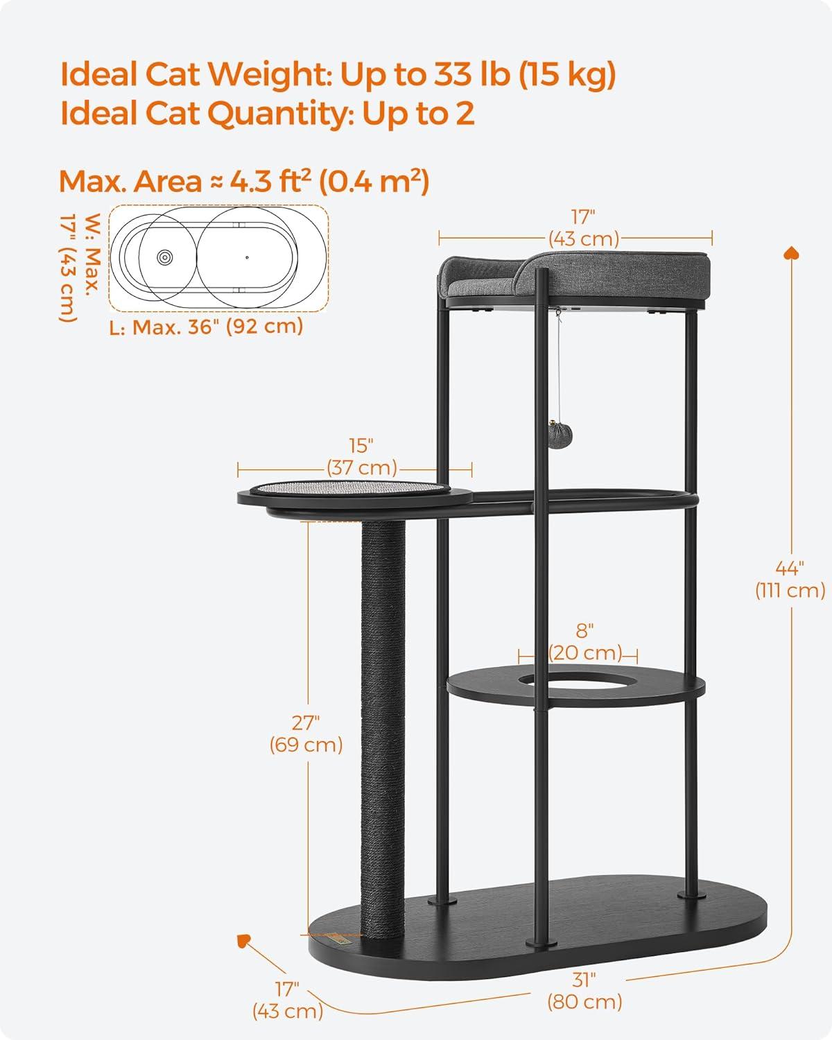 Modern Black and Gray Sisal Cat Tree with Cushioned Platforms