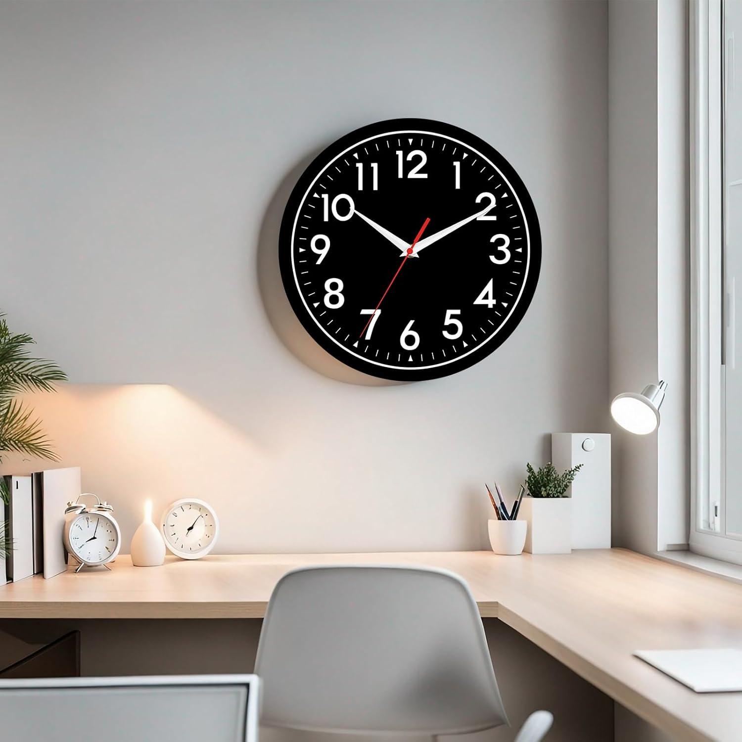 YEHOOM Wall Clock 10 Inch Silent Non-Ticking Modern Clocks Battery Operated - Analog Small Classic for Office, Home, Bathroom, Kitchen, Bedroom, School, Living Room(Black)