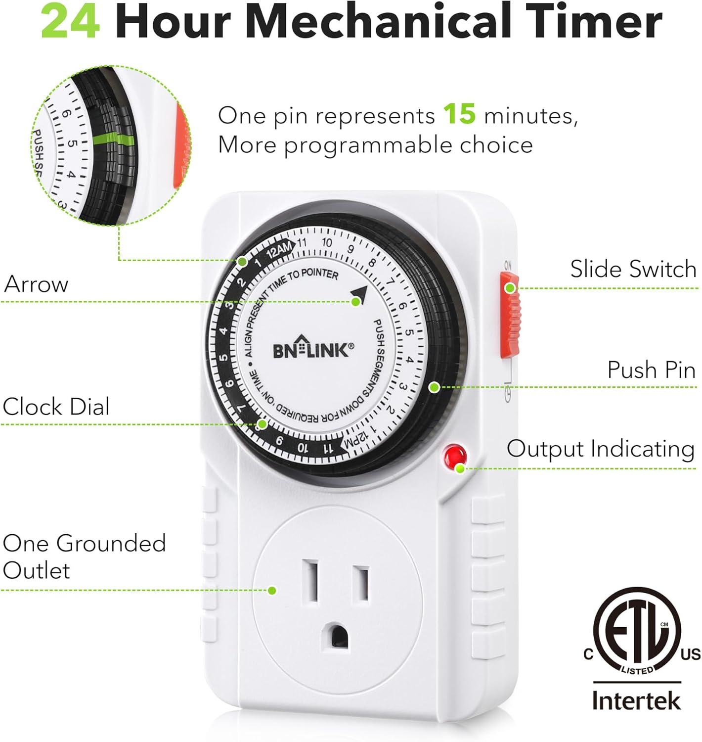 BN-LINK 24 Hour Plug-in Mechanical Timer Outlet, 3 Prong Light Timer, for Grounded Aquarium, Grow Light, Hydroponics, Pets, UL Listed