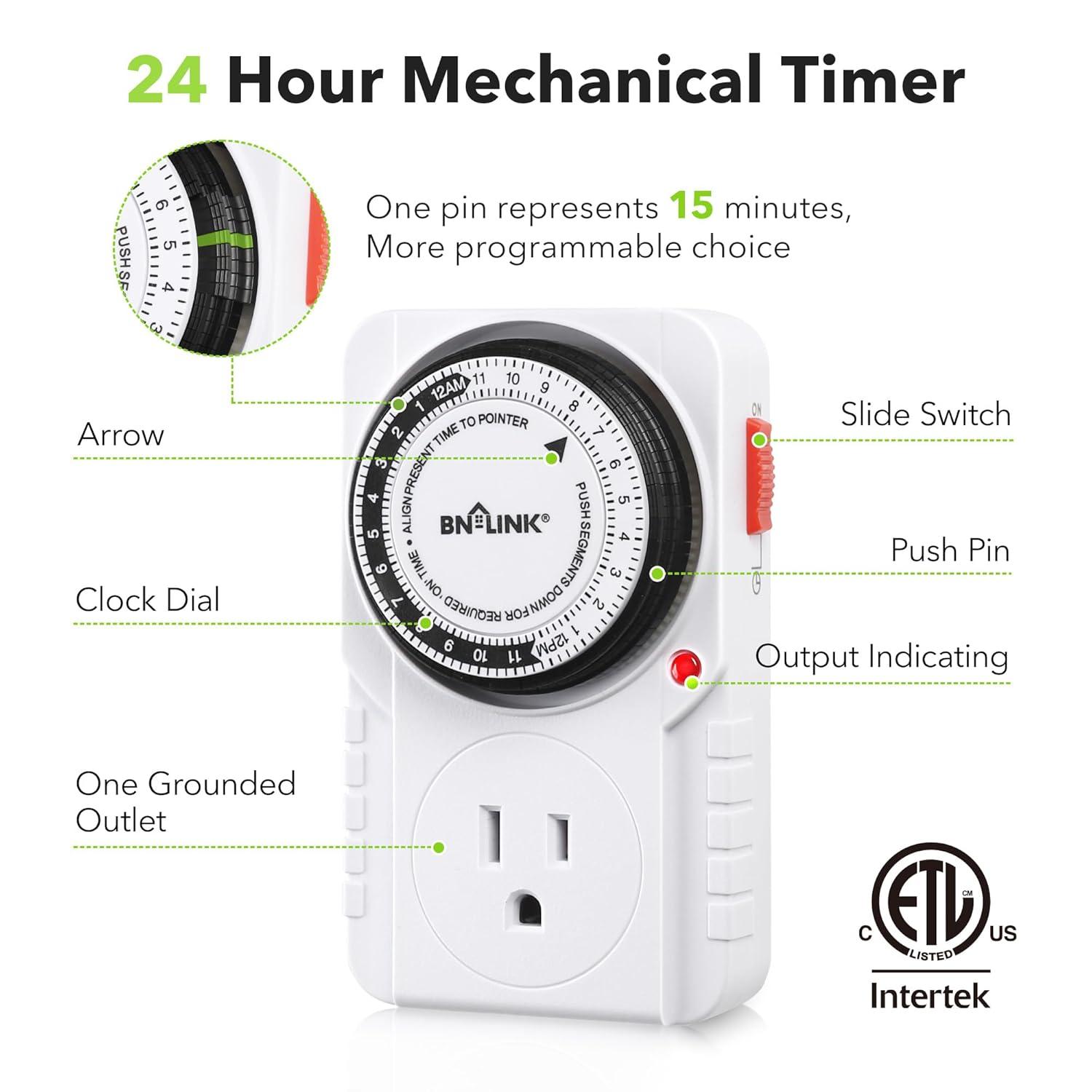 BN-LINK 24 Hour Plug-in Mechanical Timer Outlet, 3 Prong Light Timer, for Grounded Aquarium, Grow Light, Hydroponics, Pets, UL Listed