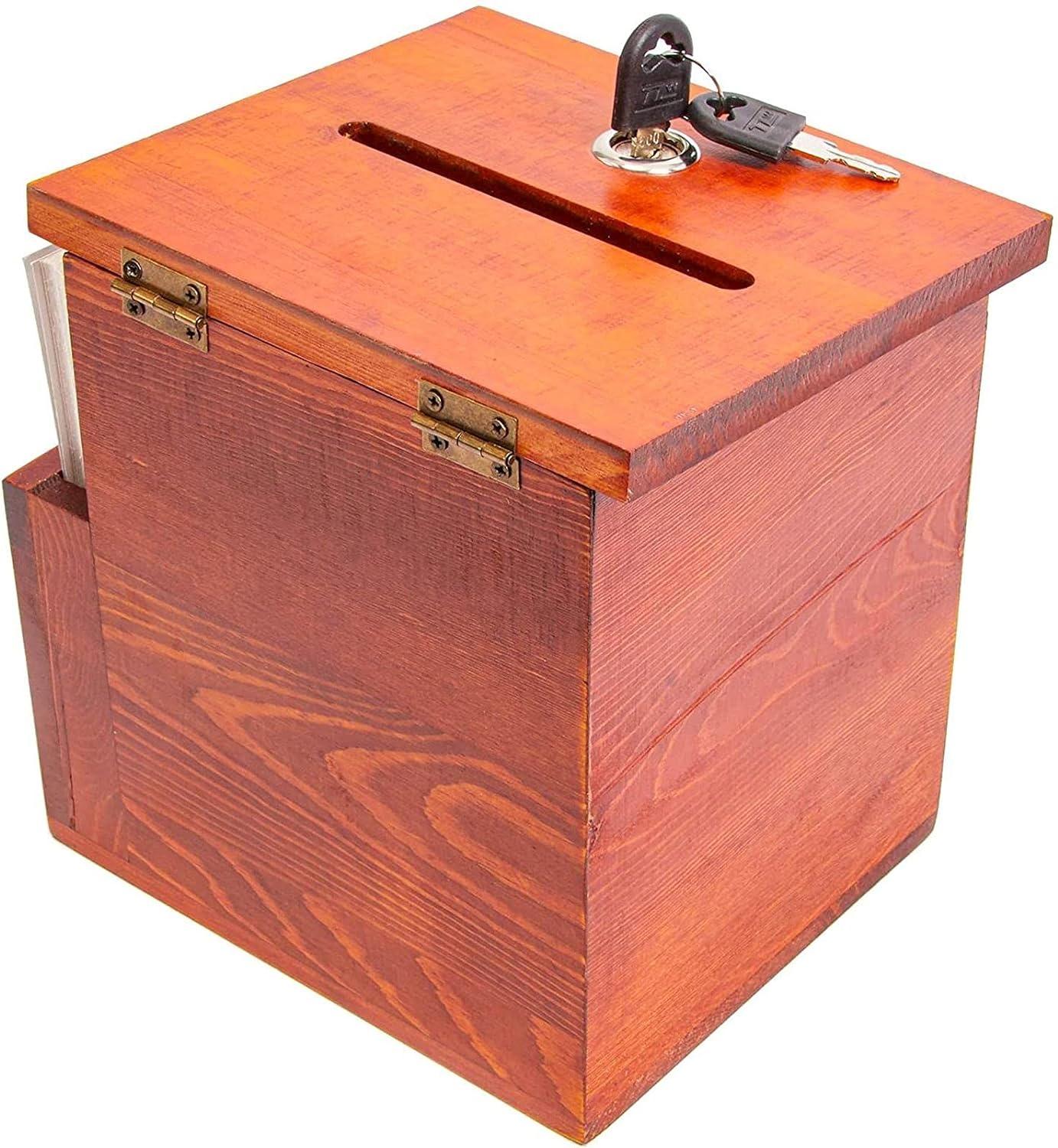 Brown Wooden Suggestion Box with Lock and Cards