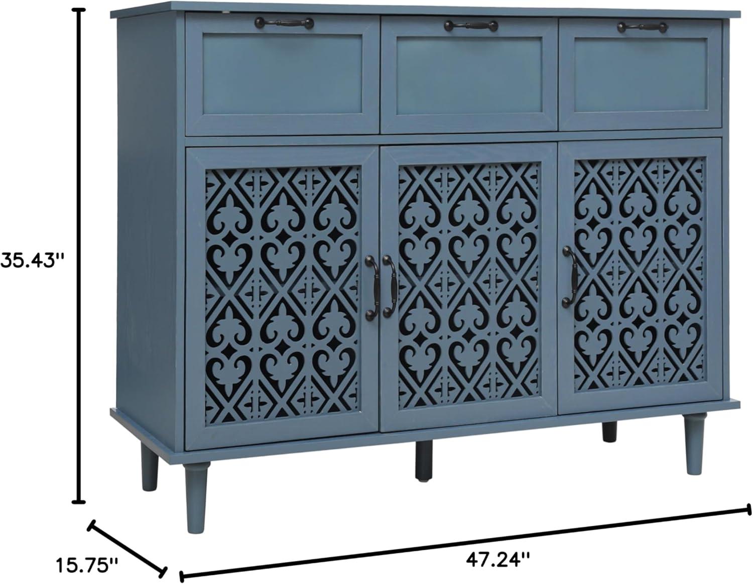 Lunale 47.24" Retro Hollow-Carved 3 Door 3 Drawer Cabinet, Storage Sideboard Buffet Accent Cabinet for Living Room, Lake Blue