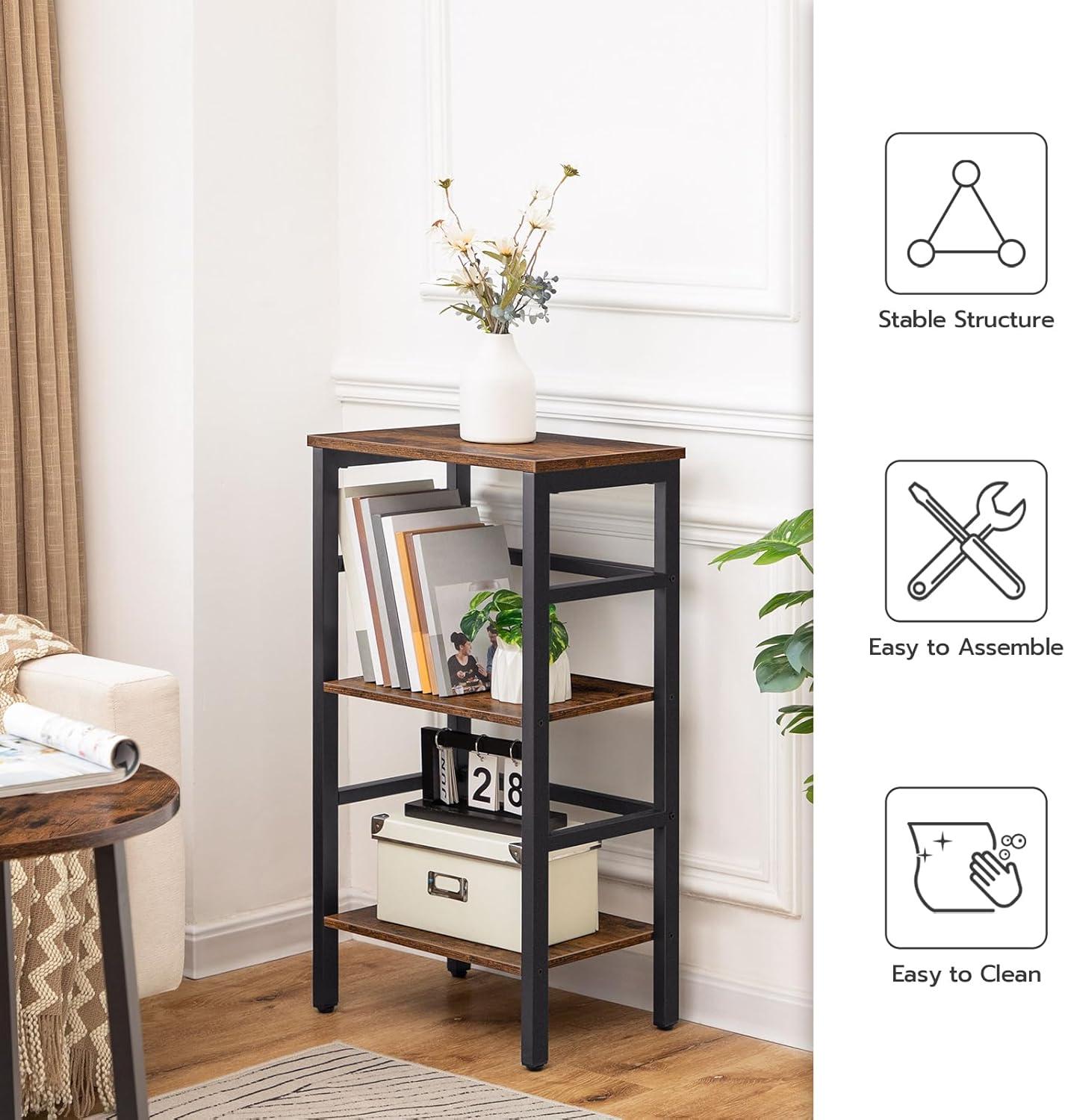 3 Tier Bookshelf, Narrow Bookshelf, Record Storage Rack with Side Fence, Wooden Free-Standing Shelf Units, Narrow Display Shelf for Living Room, Bedroom, Classroom, Rustic Brown BF80CJ01