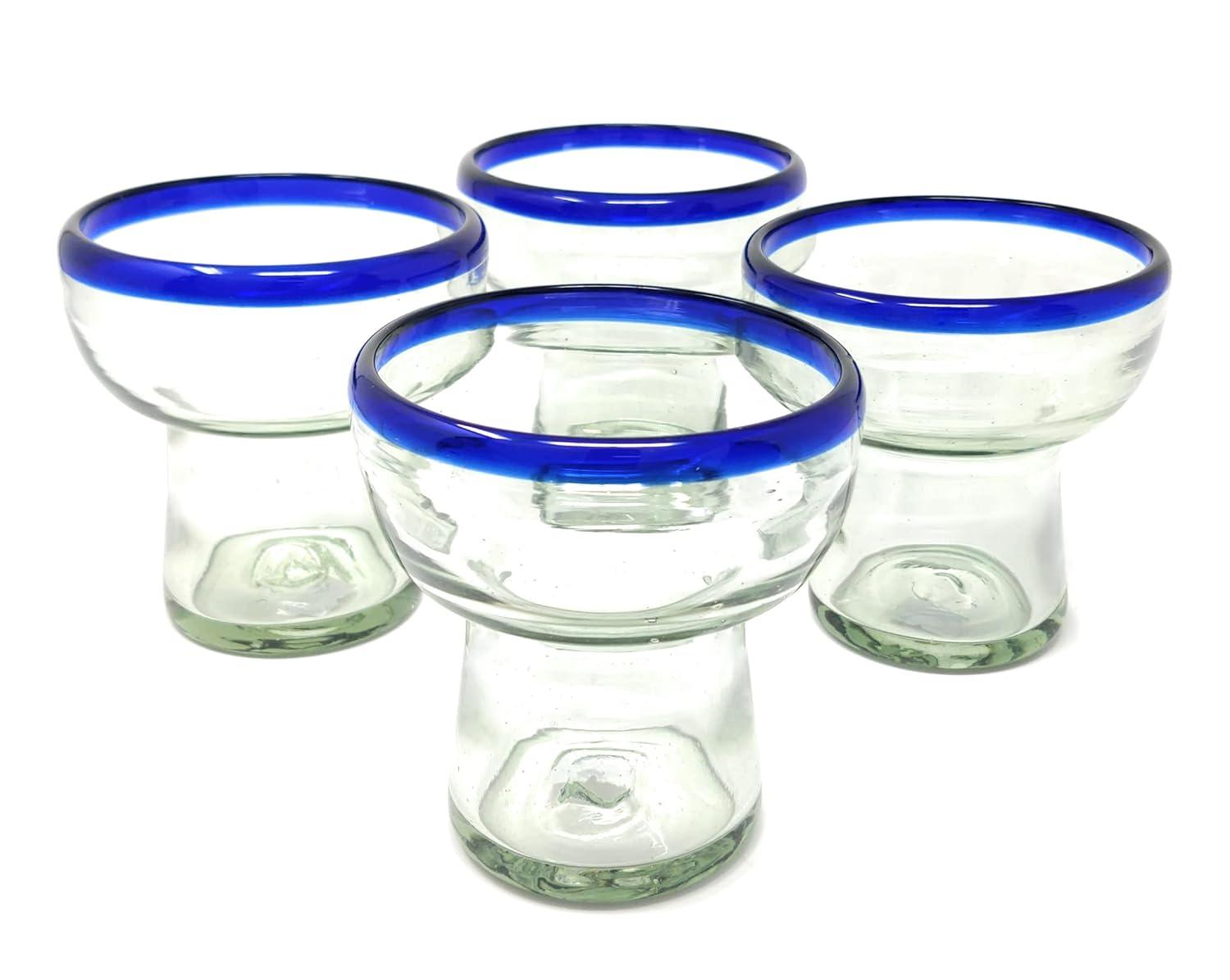 Longshore Tides Mexican Hand Blown Glass - Hand Blown Stemless Blue Rim Margarita Glasses (14oz) (Set of 4)