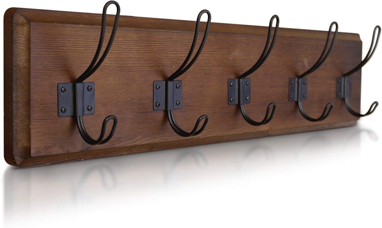 Classic Brown Rustic Pine Wood Wall Mount Coat Rack with 5 Hooks