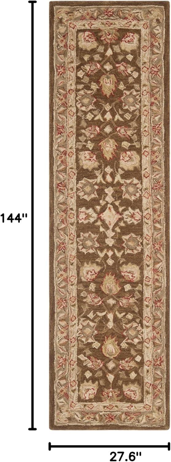 Elegant Anatolia Brown/Green Wool 27" Hand-Tufted Runner Rug