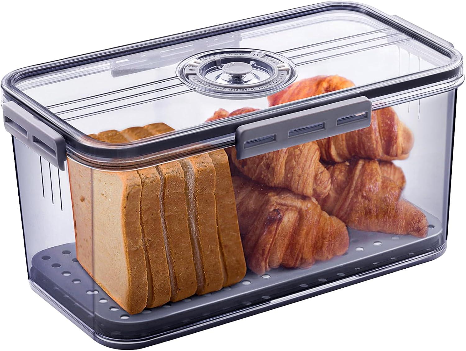 Baodeli Bread Box Bread Boxes for Kitchen Counter Airtight, Time Recording Bread Storage Container with Lid, Bread Keeper for Homemade Bread, Toast, Bagel, Donut and Cookies, Grey