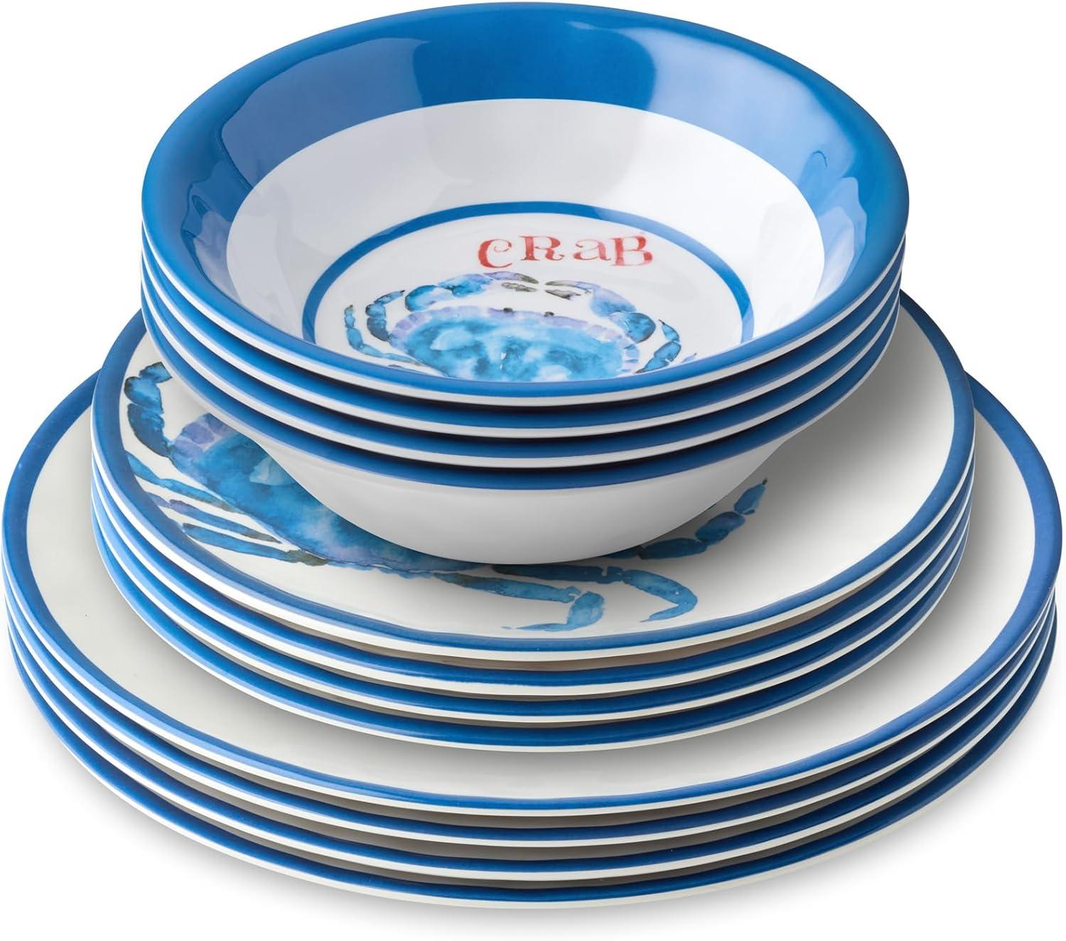 Certified International Beach House Crab 12-Piece Melamine Dinnerware Set – Blue & White Nautical-Themed Plates & Bowls – Shatterproof, Lightweight, and Dishwasher-Safe Coastal Tableware for Indoor & Outdoor Dining