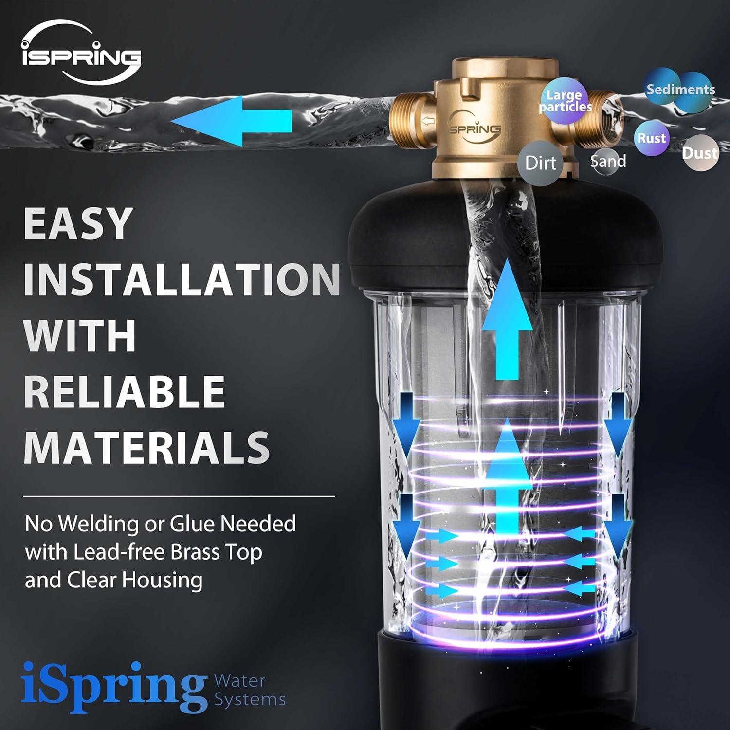 iSpring WSPARJ, NSF Certified, Spin-Down Sediment Water Filter, Upgraded Jumbo Size, Large Capacity, Reusable with Touch-Screen Auto Flushing Module, Brass Top Clear Housing, 50 Microns