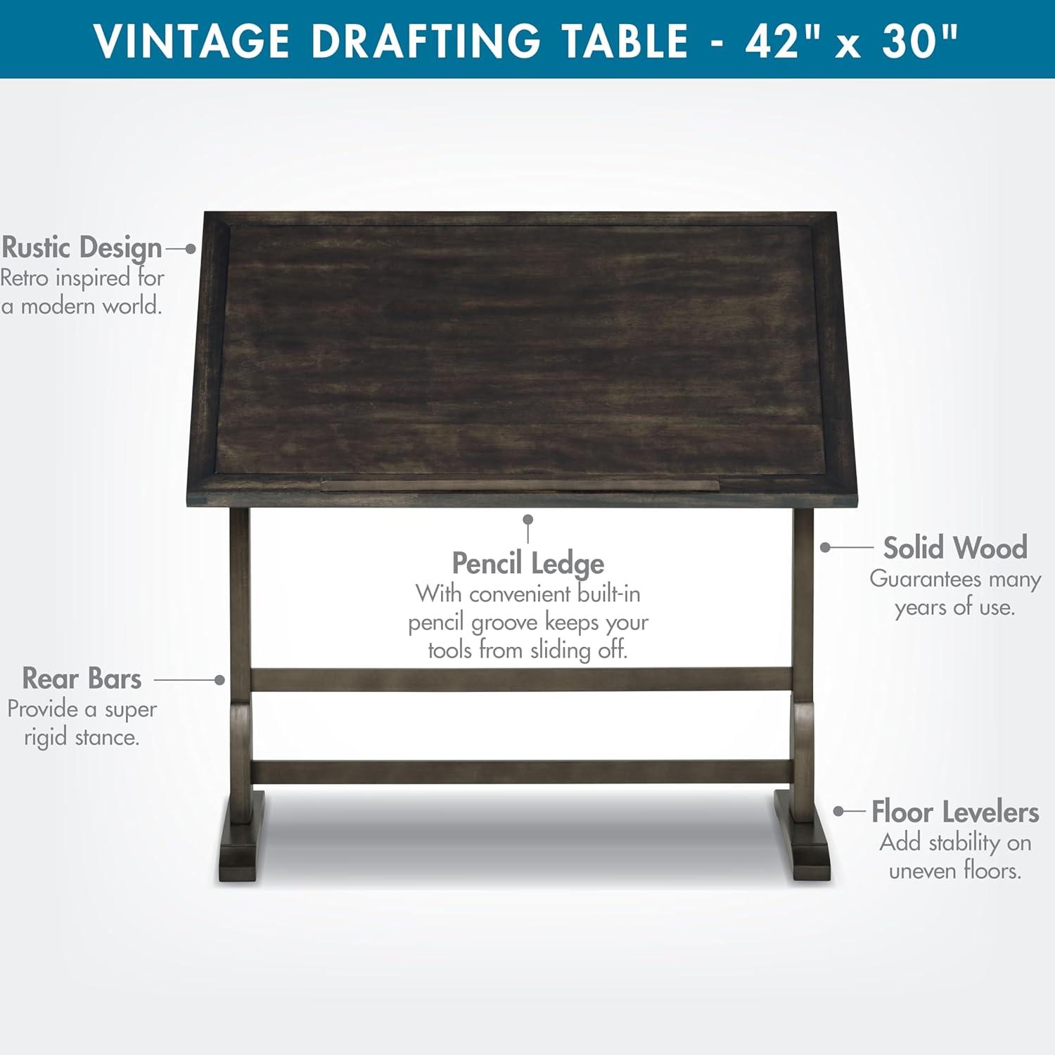 Vintage Solid Wood Drawing/Drafting Table with 42" x 30" Adjustable Tilting Top
