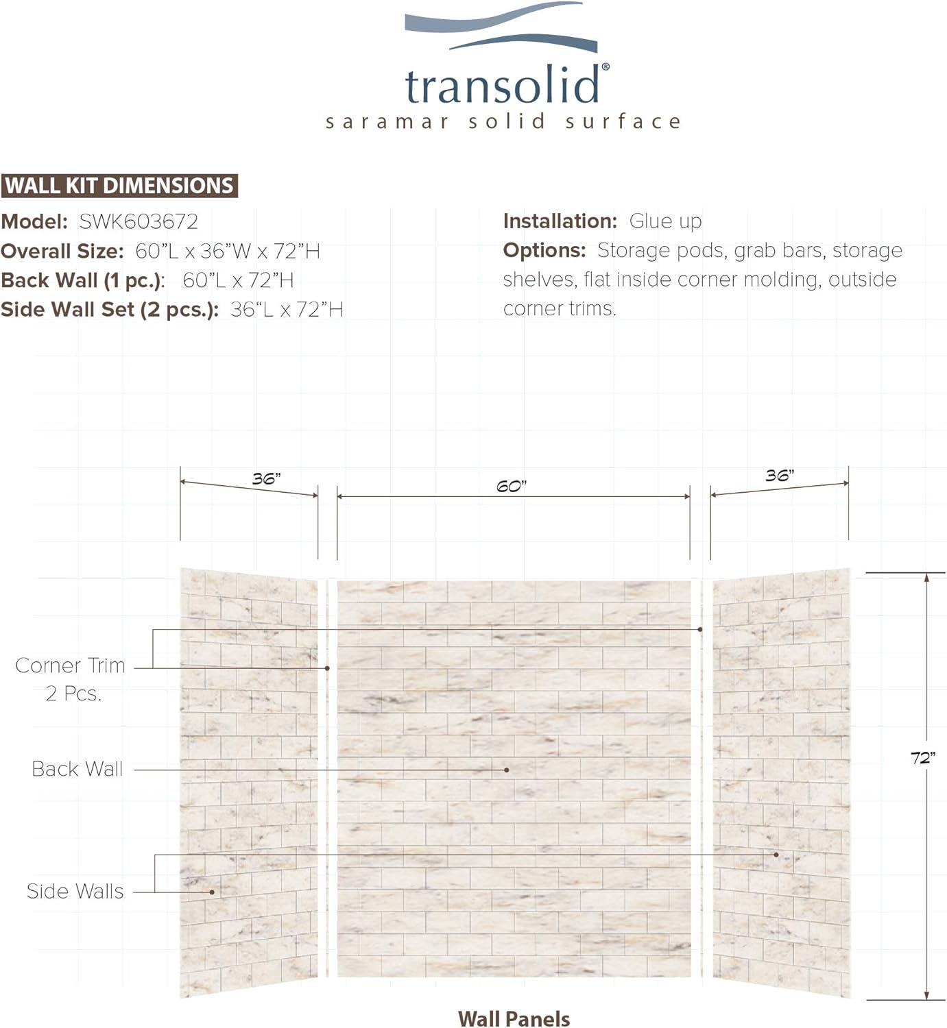 Transolid SaraMar 60'' W 36'' D 72'' H Glue Up Solid Surface Wall
