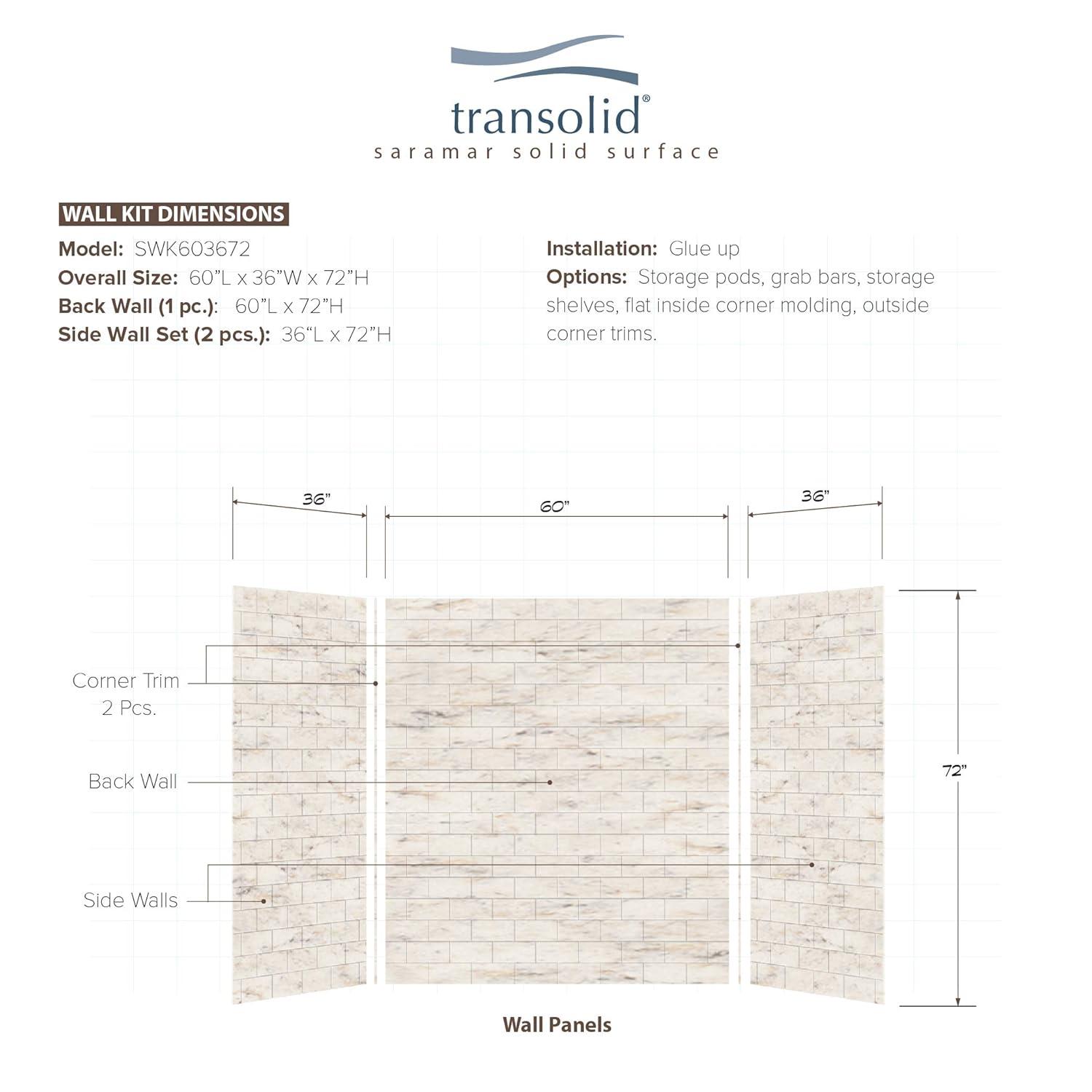 Transolid SaraMar 60'' W 36'' D 72'' H Glue Up Solid Surface Wall