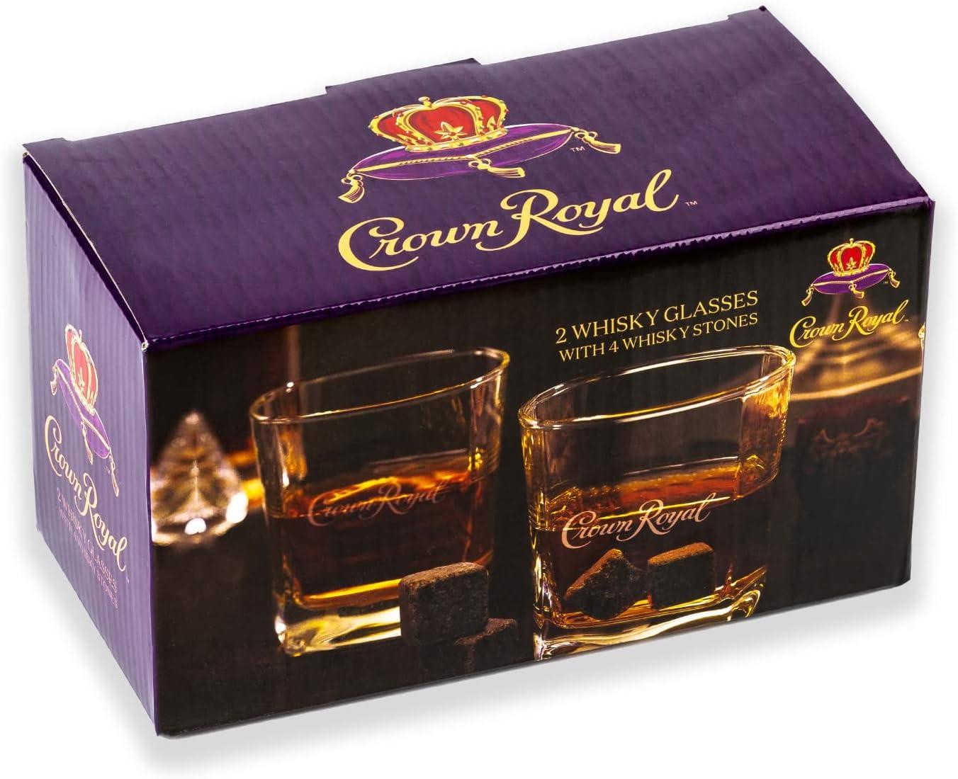 Crown Royal Whiskey Glass and Stone Set by Lord’s Rocks | 2 Scotch Whiskey Glasses and 4 Unique Chilling Granite Rocks | Whiskey Stone Gift Set for Men Compatible