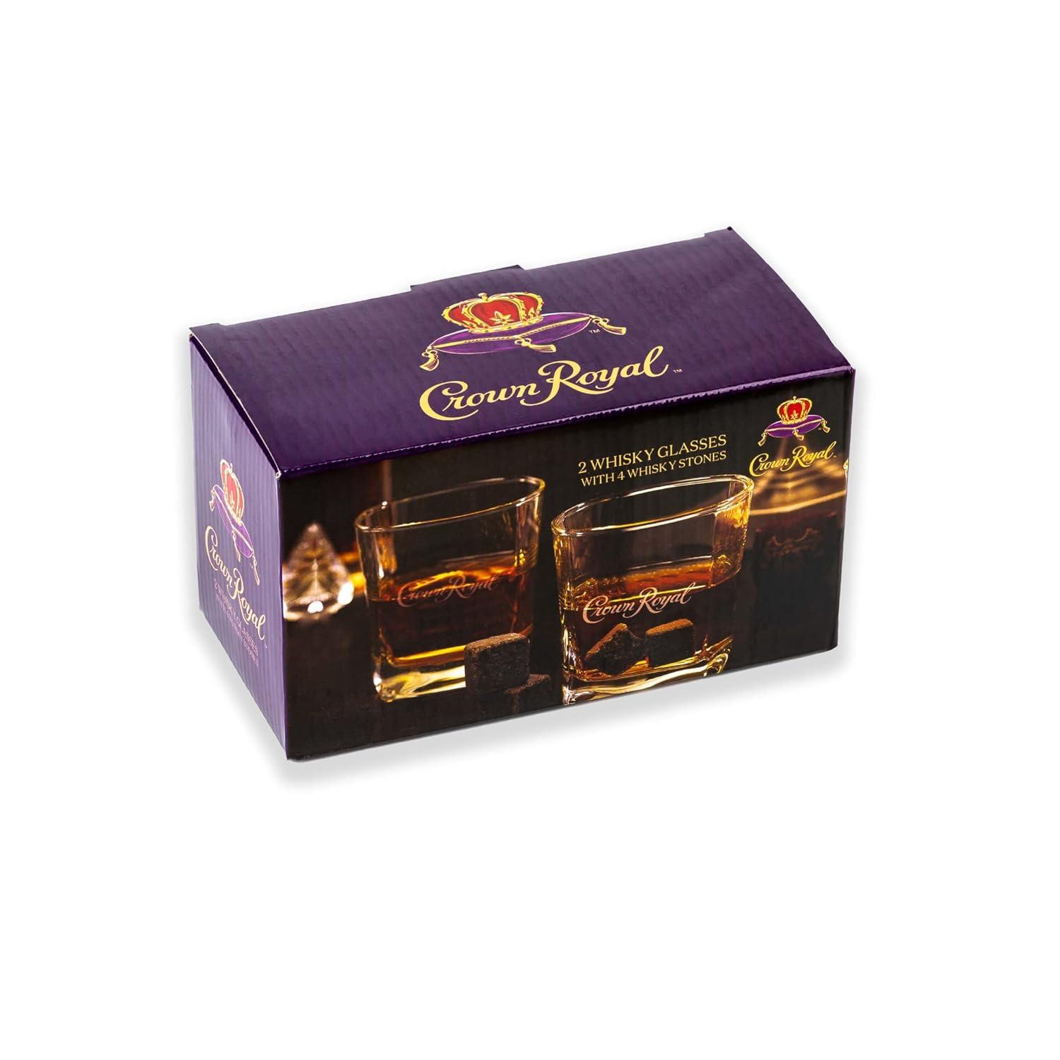 Crown Royal Whiskey Glass and Stone Set by Lord’s Rocks | 2 Scotch Whiskey Glasses and 4 Unique Chilling Granite Rocks | Whiskey Stone Gift Set for Men Compatible