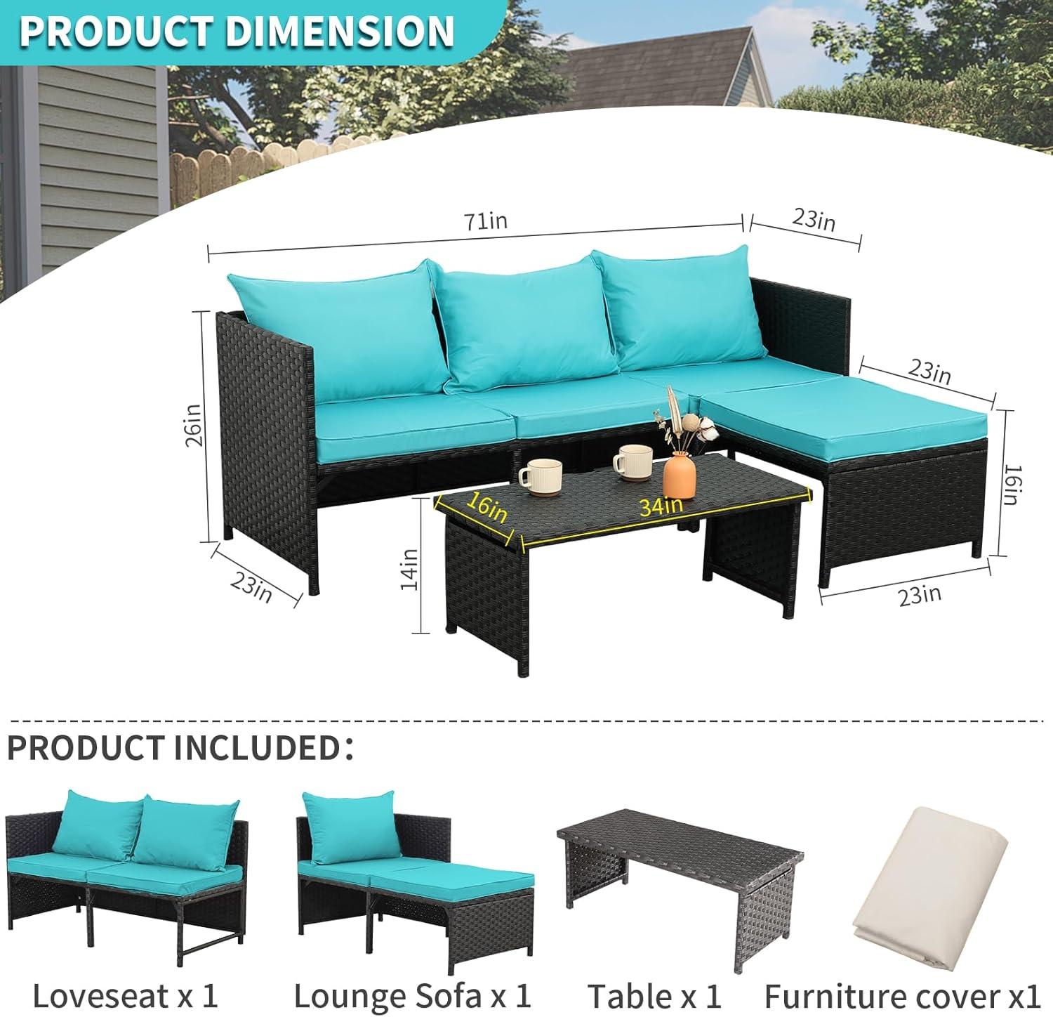 Valita 3-Piece Outdoor PE Rattan Furniture Set Patio Black Wicker Conversation Loveseat Sofa Sectional Couch Turquoise Cushion